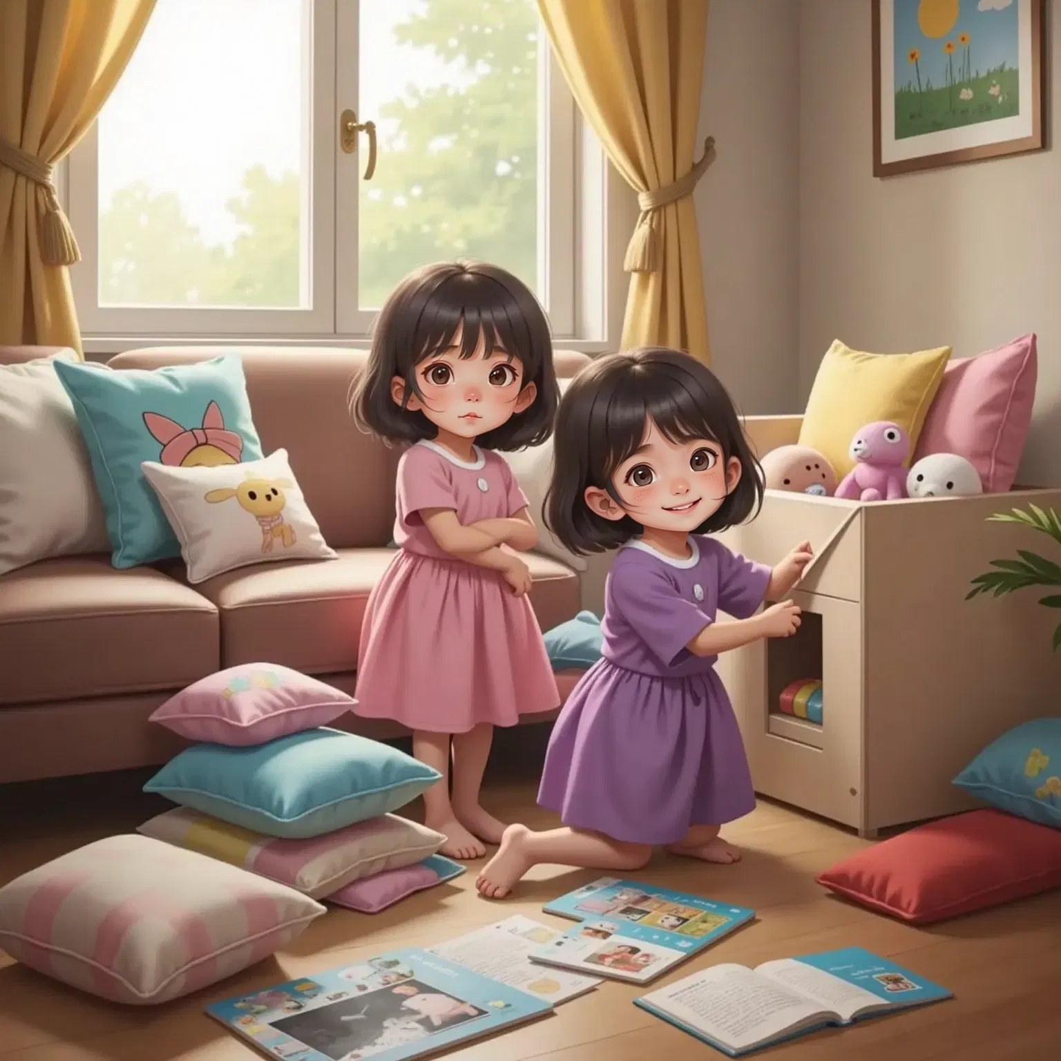 Lila laughing as she and Luna rebuild a pillow fort together. Luna is grinning, wiping her brow, surrounded by scattered pillows.