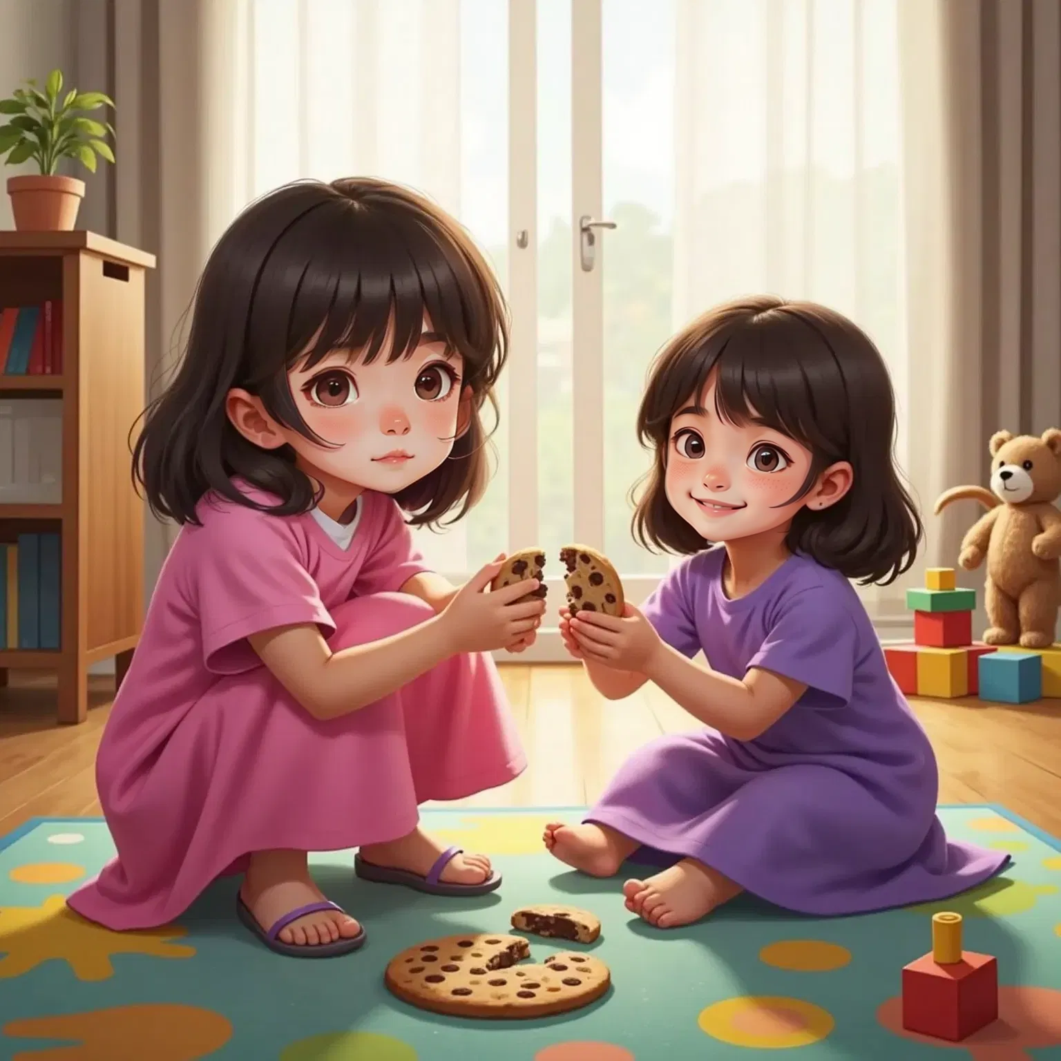 Lila breaking a single cookie in half, giving the bigger piece to a delighted Luna. Both are smiling, sitting on a colorful rug.