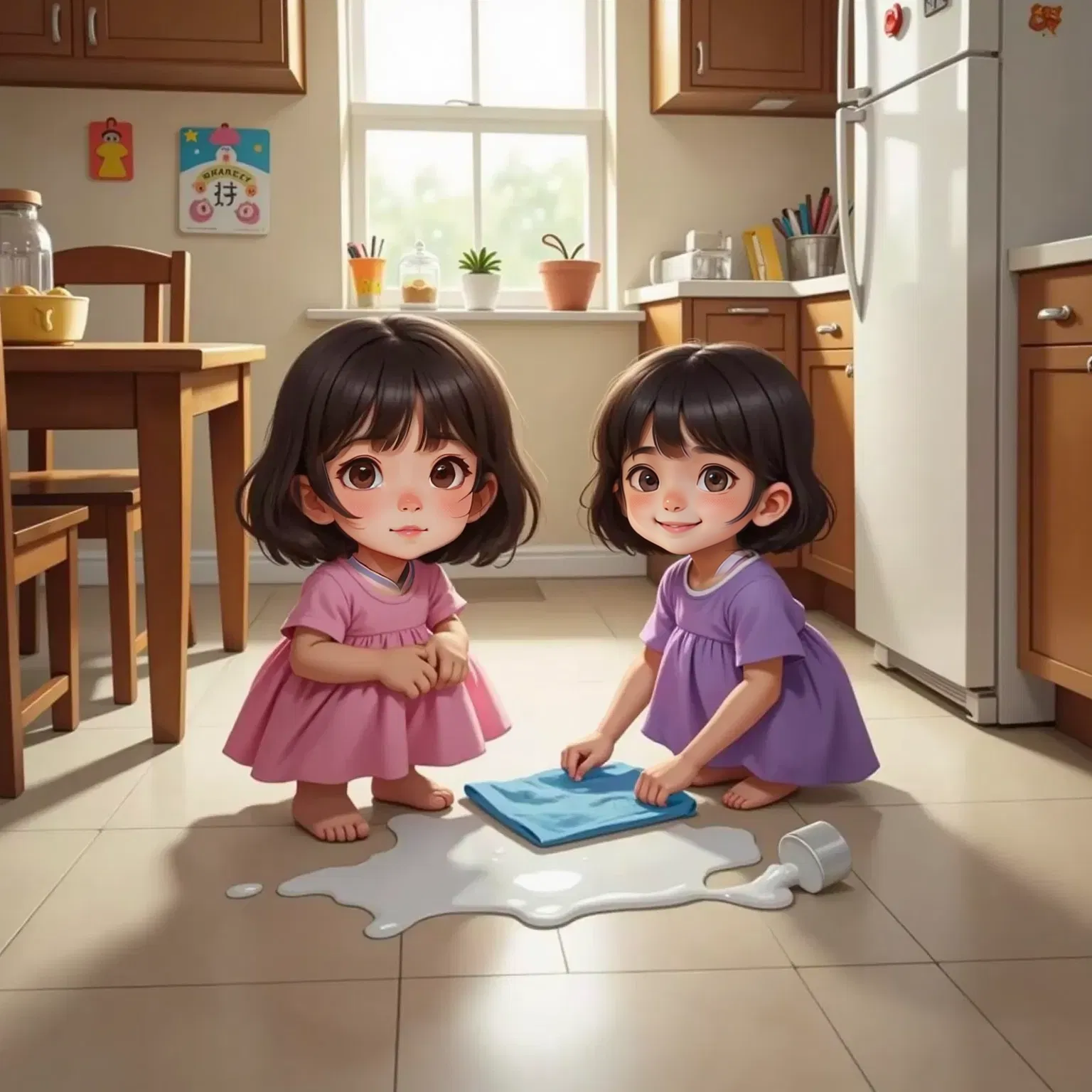 Lila and Luna kneeling on the floor, cleaning up spilled milk with a towel. Both are smiling proudly, a glass and milk puddle nearby.