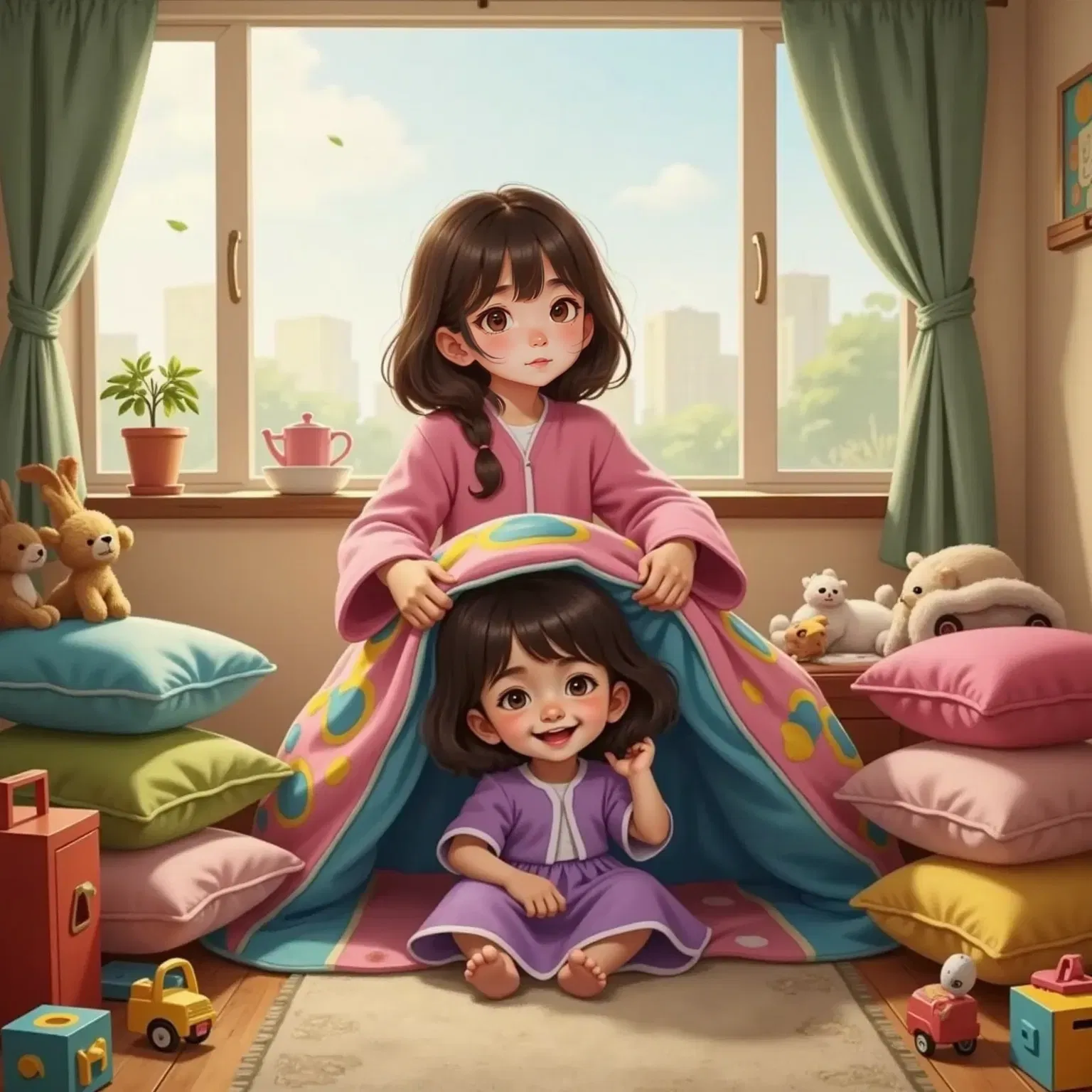 Lila tossing a blanket cape around a giggling Luna, who looks excited. A pillow fort and scattered toys in the background.