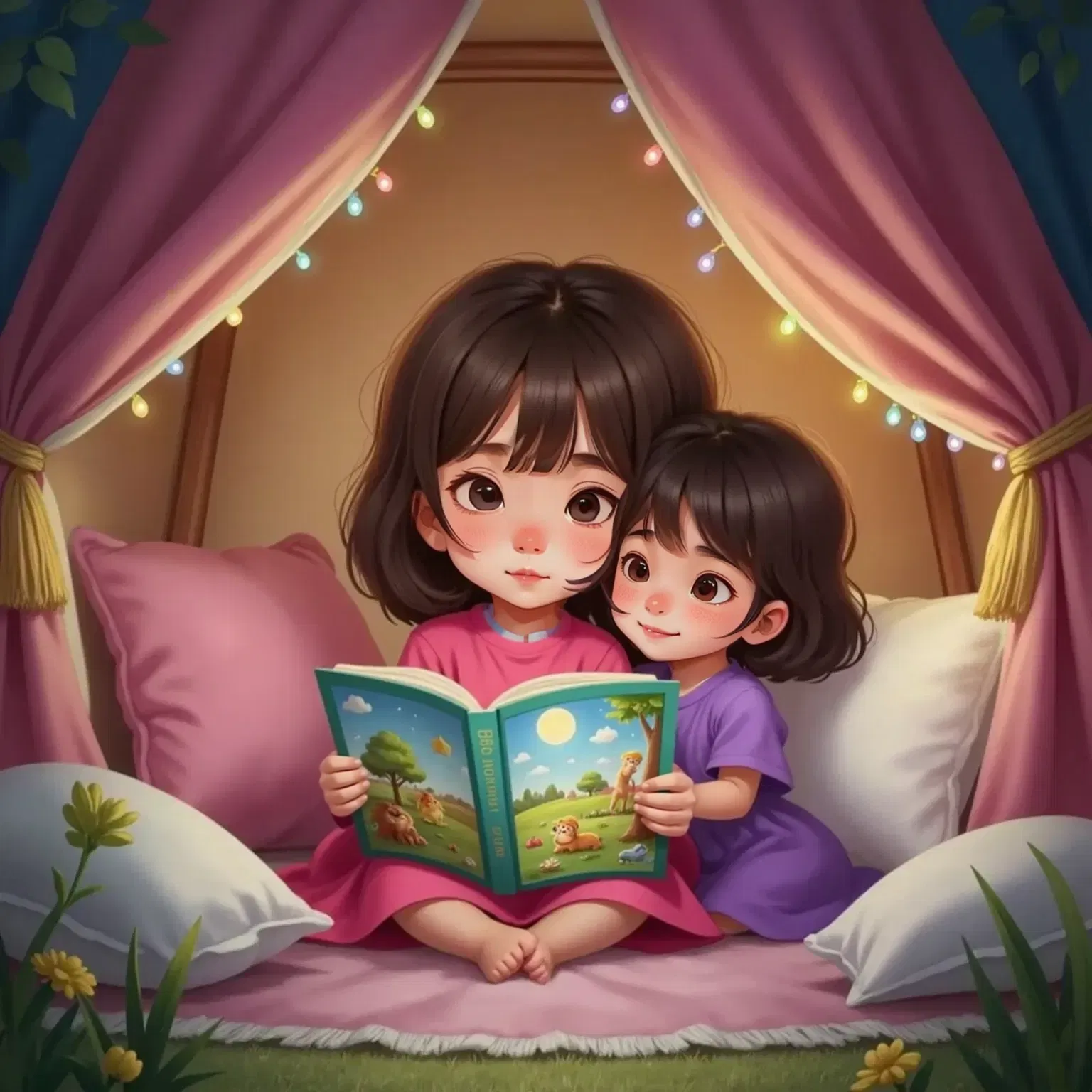 Lila reading a storybook to Luna, who is snuggled close with sleepy eyes. The pillow fort glows softly in the background.
