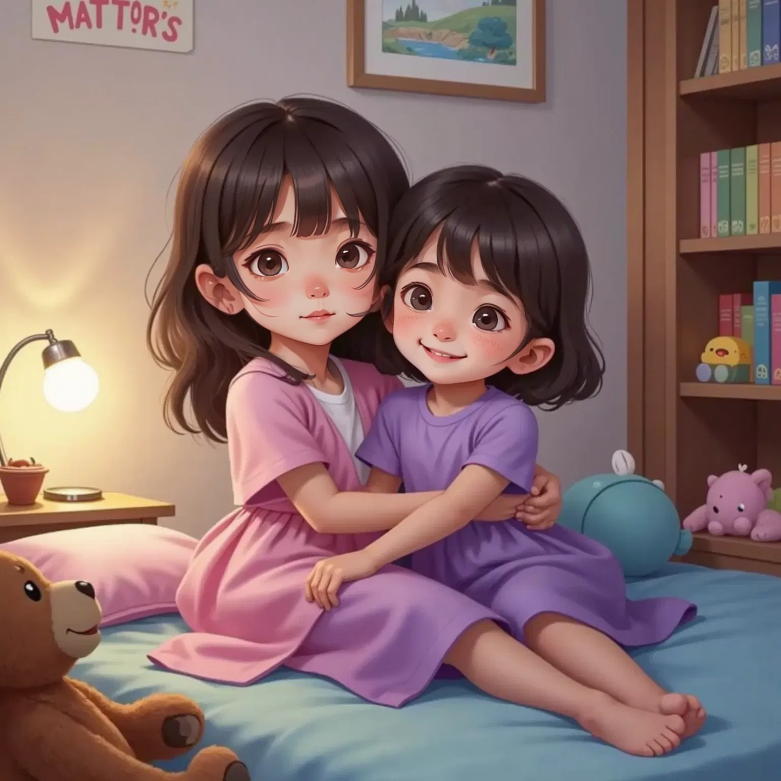 Lila and Luna hugging each other tightly on their bed, both smiling contentedly. A nightlight softly illuminating the cozy room.