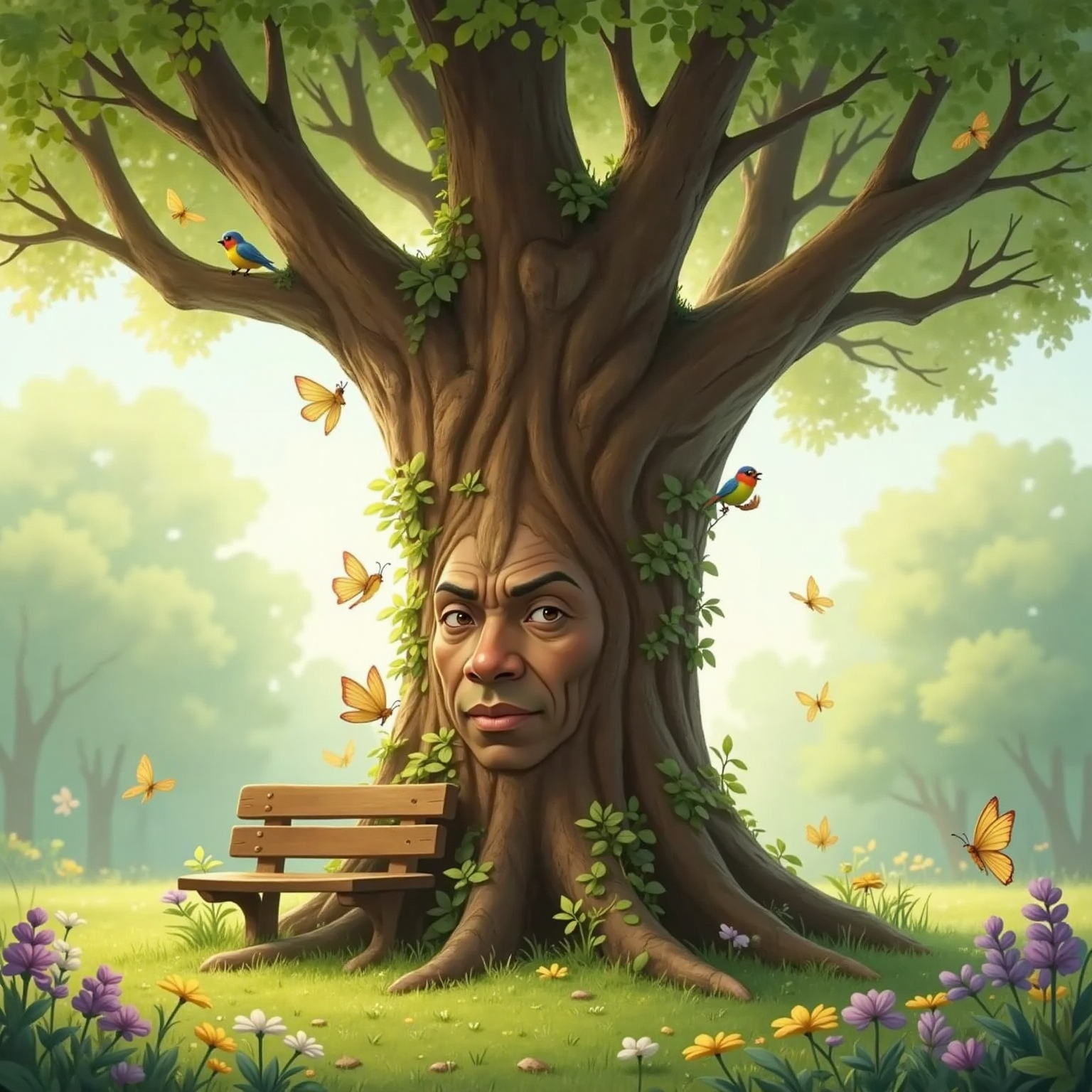 The Worry Tree, a tall twisty tree with a gentle face, stands in a sunlit forest clearing surrounded by wildflowers and soft green grass.