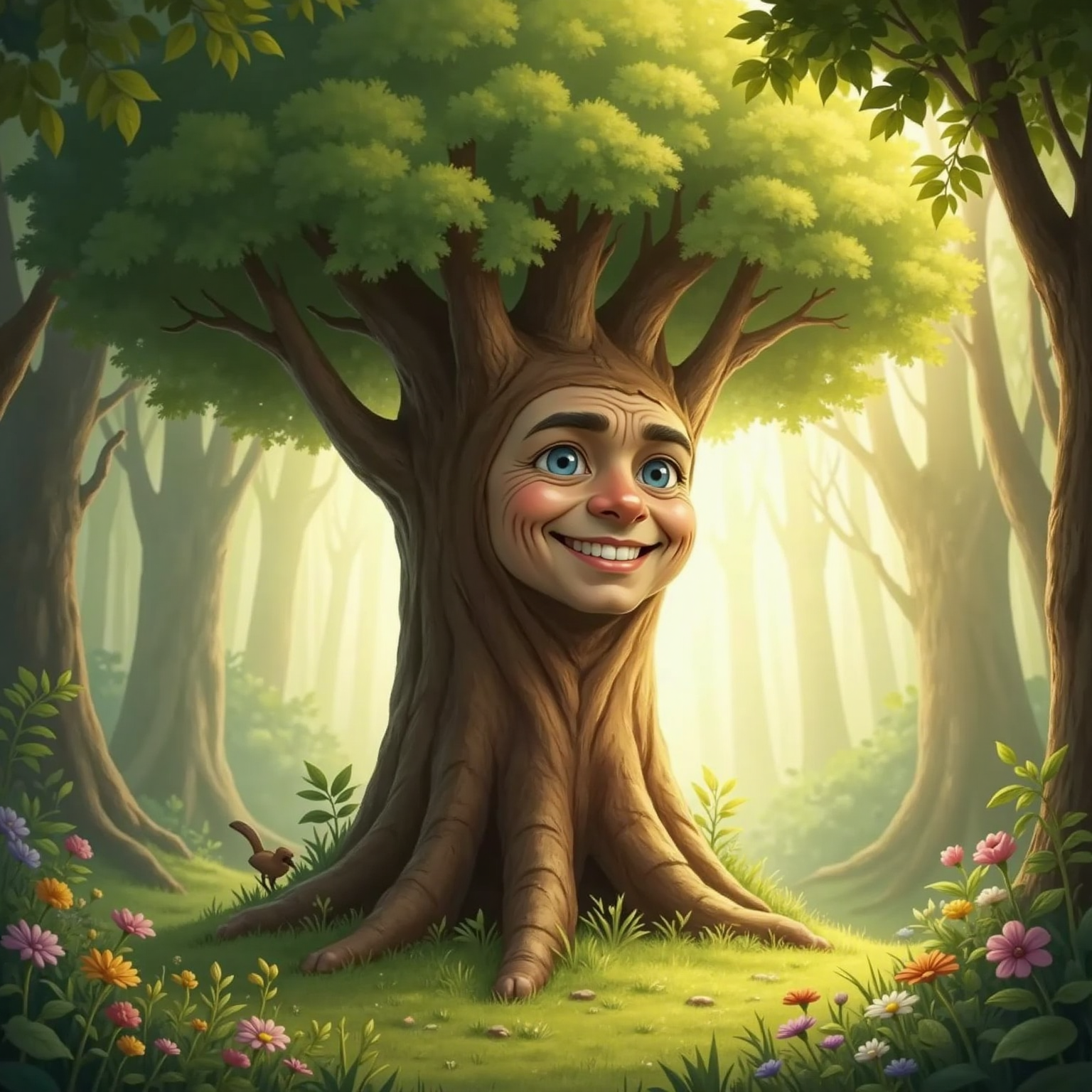 The Worry Tree's leaves shimmer brightly in the warm forest sunlight, its face kind and reassuring. The peaceful forest background is filled with dappled light.
