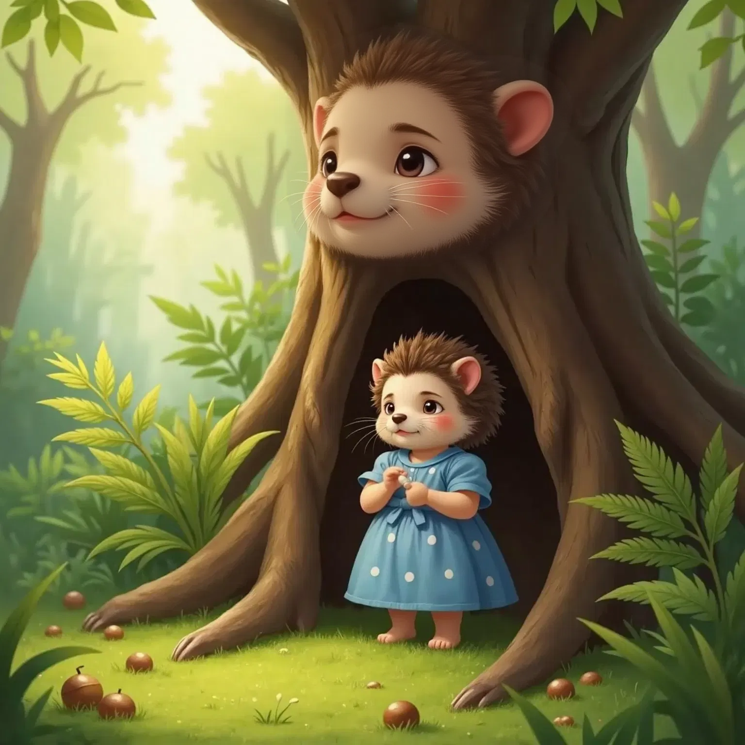 Willow, a shy little hedgehog with gentle eyes, stands at the base of the Worry Tree. She looks down at the ground, her face thoughtful and a little anxious. Moss and roots surround her feet.