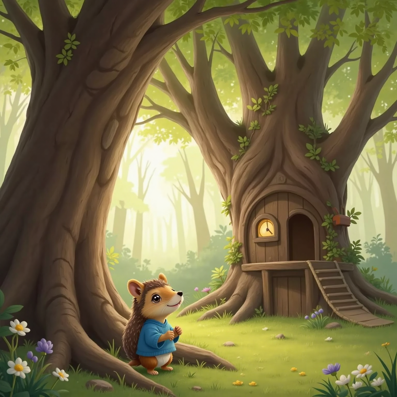 Willow, the shy little hedgehog, speaks softly to the Worry Tree, whose face is attentive and caring. In the background, a small, cozy treehouse is visible in the branches of another tree.