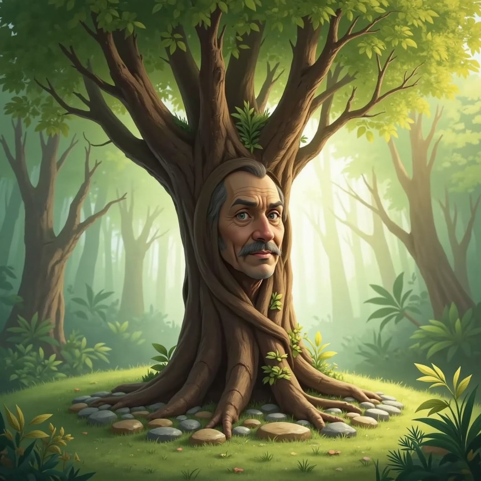The Worry Tree's face appears wise and gentle as its leaves swirl gently in the air, sunlight filtering through the branches. The forest floor is calm and inviting.