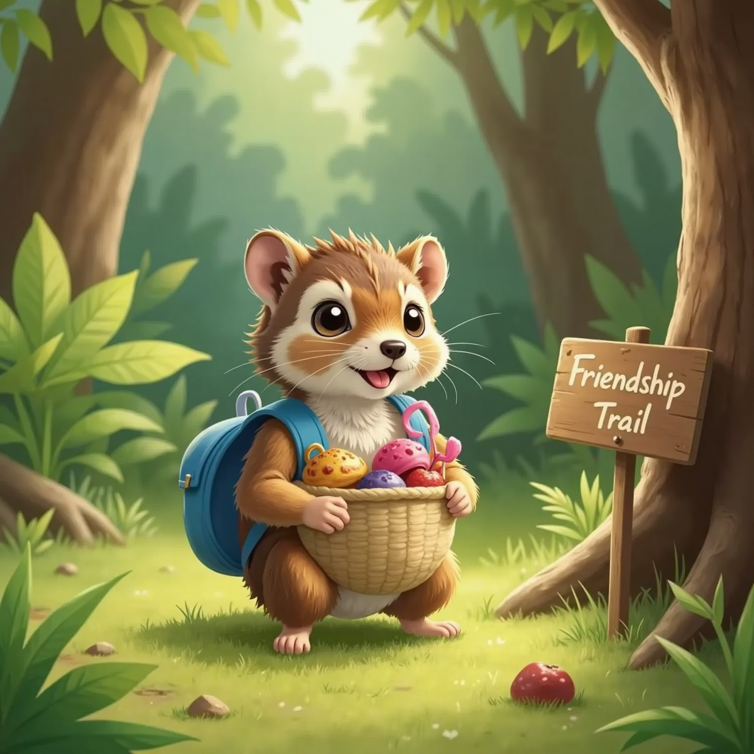 Willow, the shy little hedgehog, cheerfully packing a small bag with muffins, a ribbon, and treats, her face determined and hopeful. The cozy forest clearing is in the background.