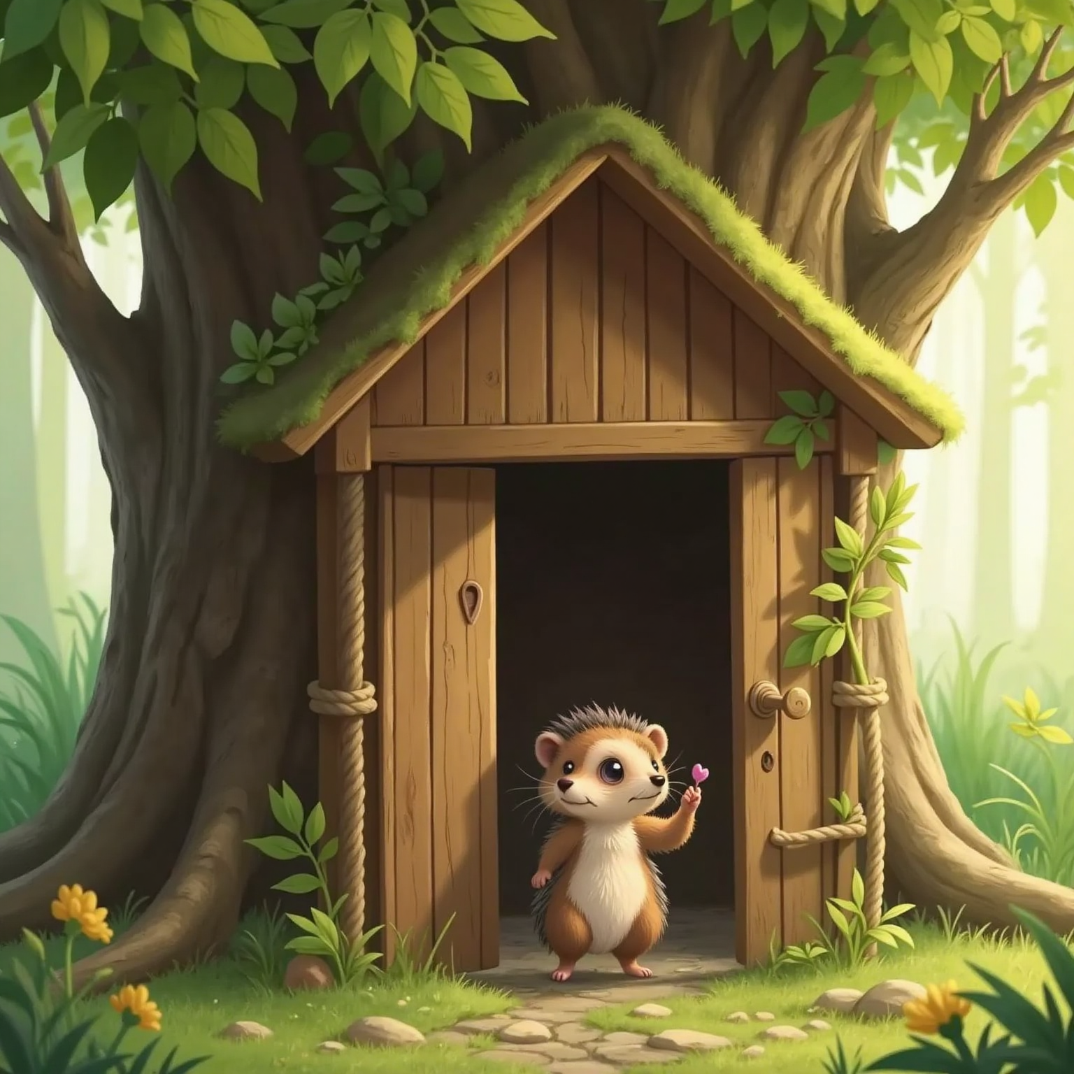 Willow, the shy little hedgehog, stands at the base of a small treehouse and gently knocks on the door. Her face is caring and patient. The treehouse is nestled among leafy branches.