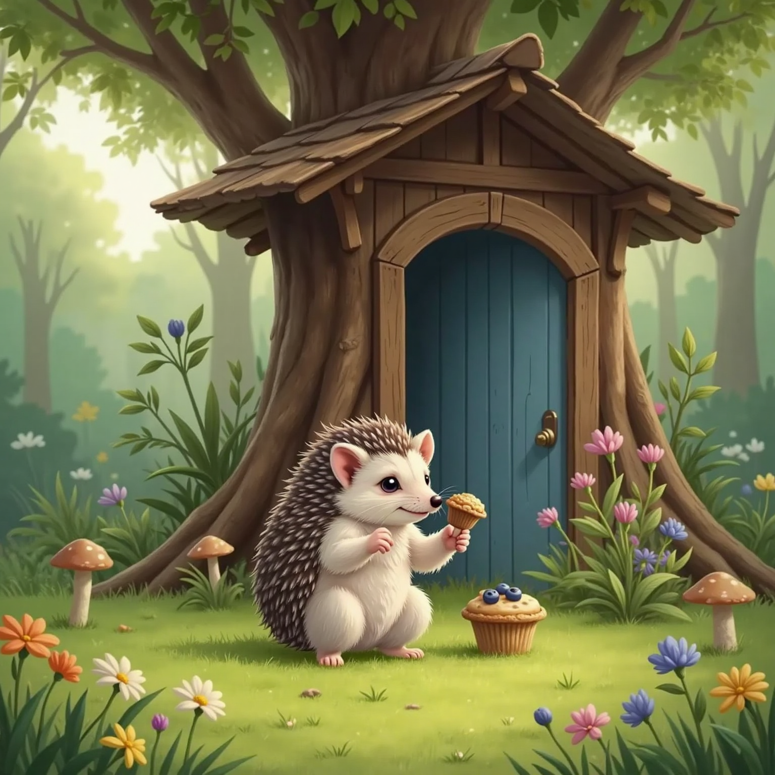 Willow, the shy little hedgehog, sits on the grass beneath the treehouse, holding out a muffin with a hopeful smile. The treehouse door is closed above her.