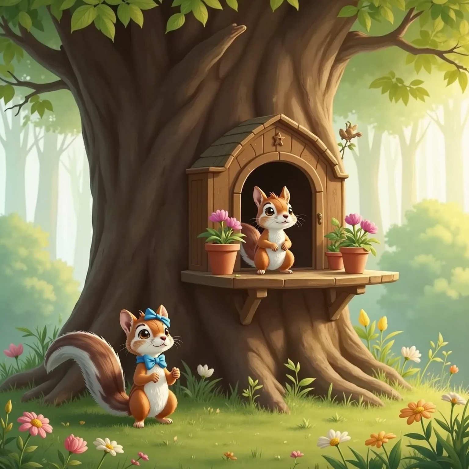 Nibbles, a cute little squirrel, peeks out from the treehouse door with a small, curious smile. Willow, the shy little hedgehog, looks up at him with gentle encouragement.
