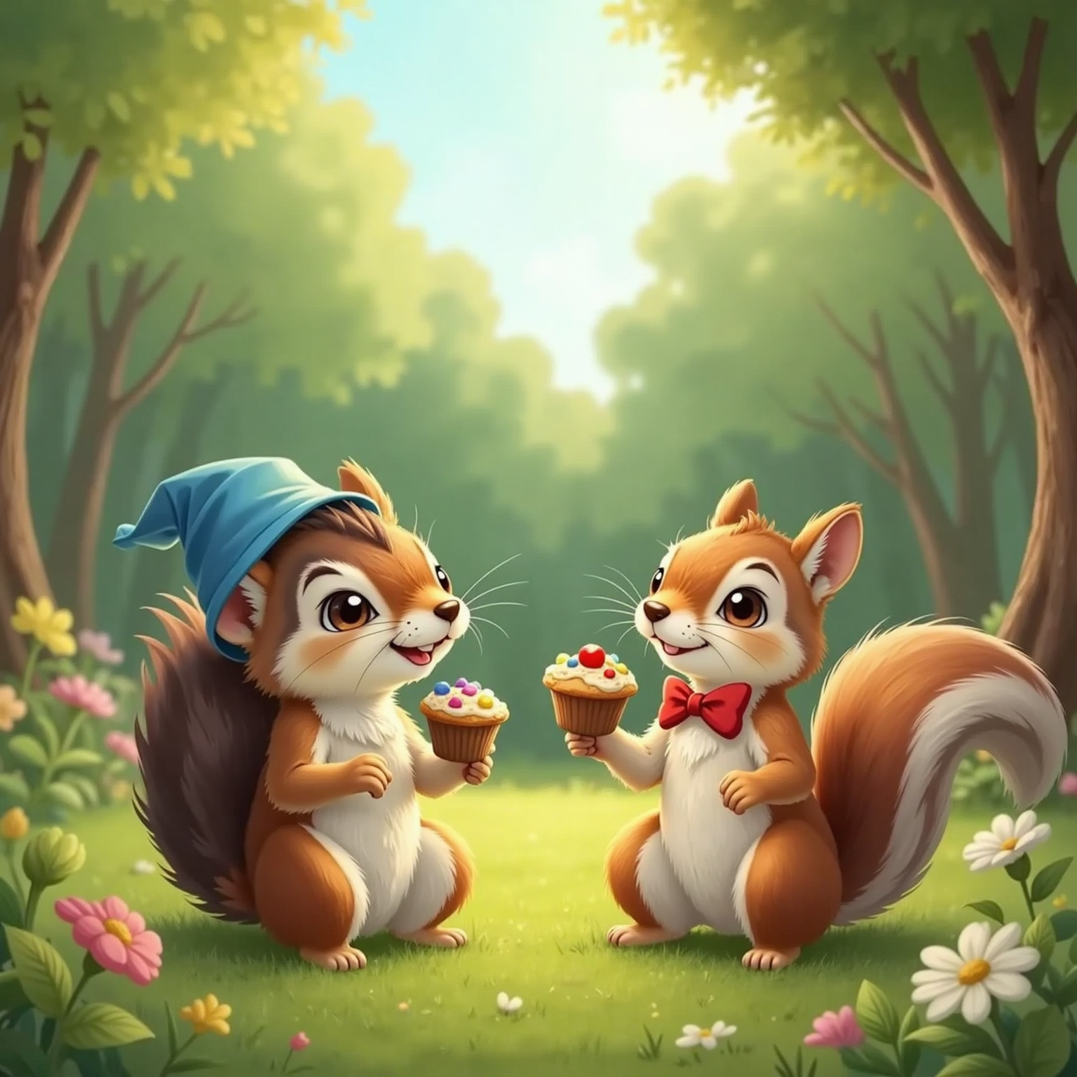 Willow, the shy little hedgehog, and Nibbles, the cute little squirrel, sit together on the grass, eating muffins and smiling widely. The sunny forest clearing surrounds them.