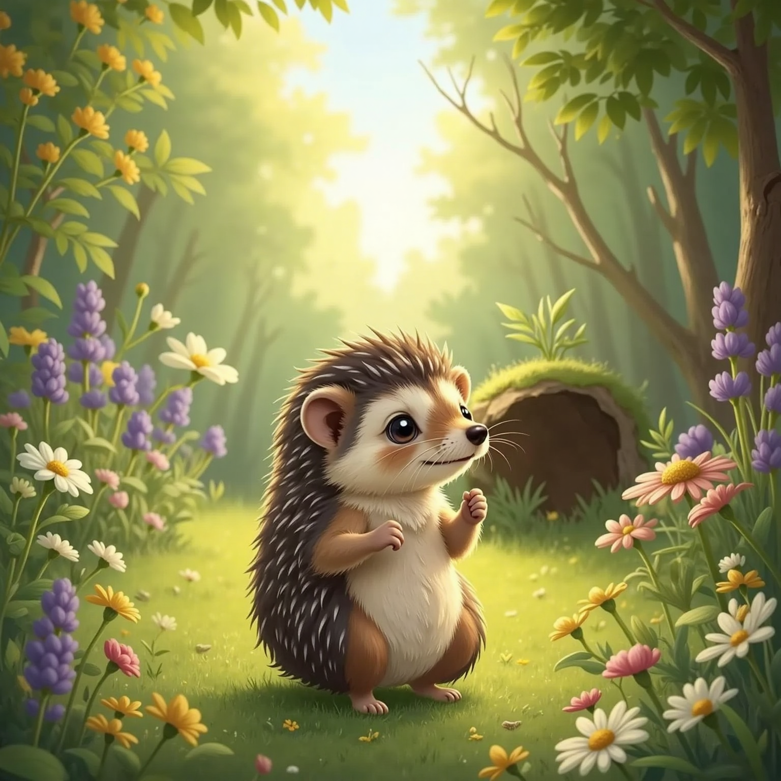 Willow, the shy little hedgehog, stands confidently in the sun-dappled forest, her face bright with happiness and newfound bravery. Wildflowers bloom around her.