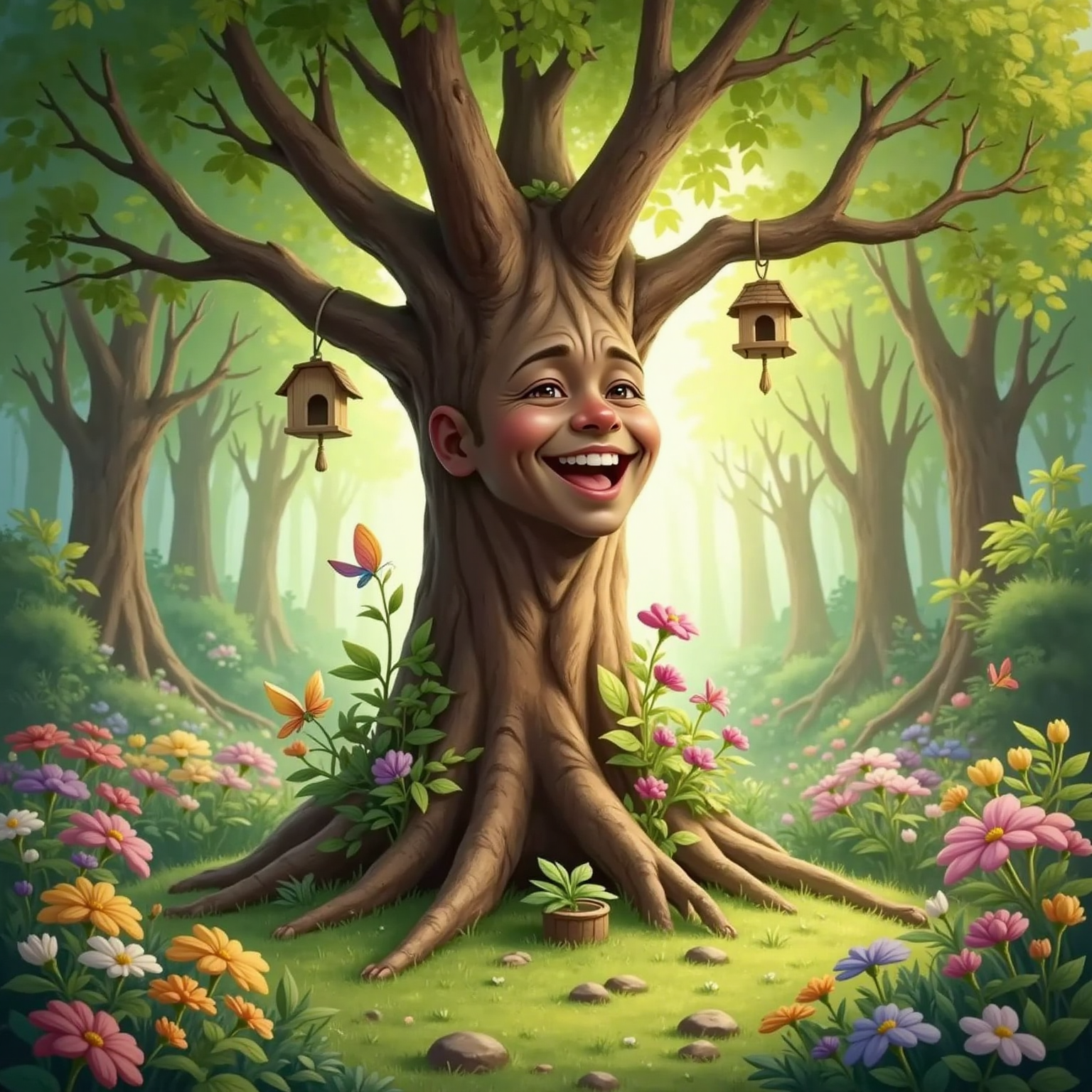The Worry Tree, its face joyful, sways among blooming flowers and green trees. The whole forest glows with a warm, happy atmosphere.