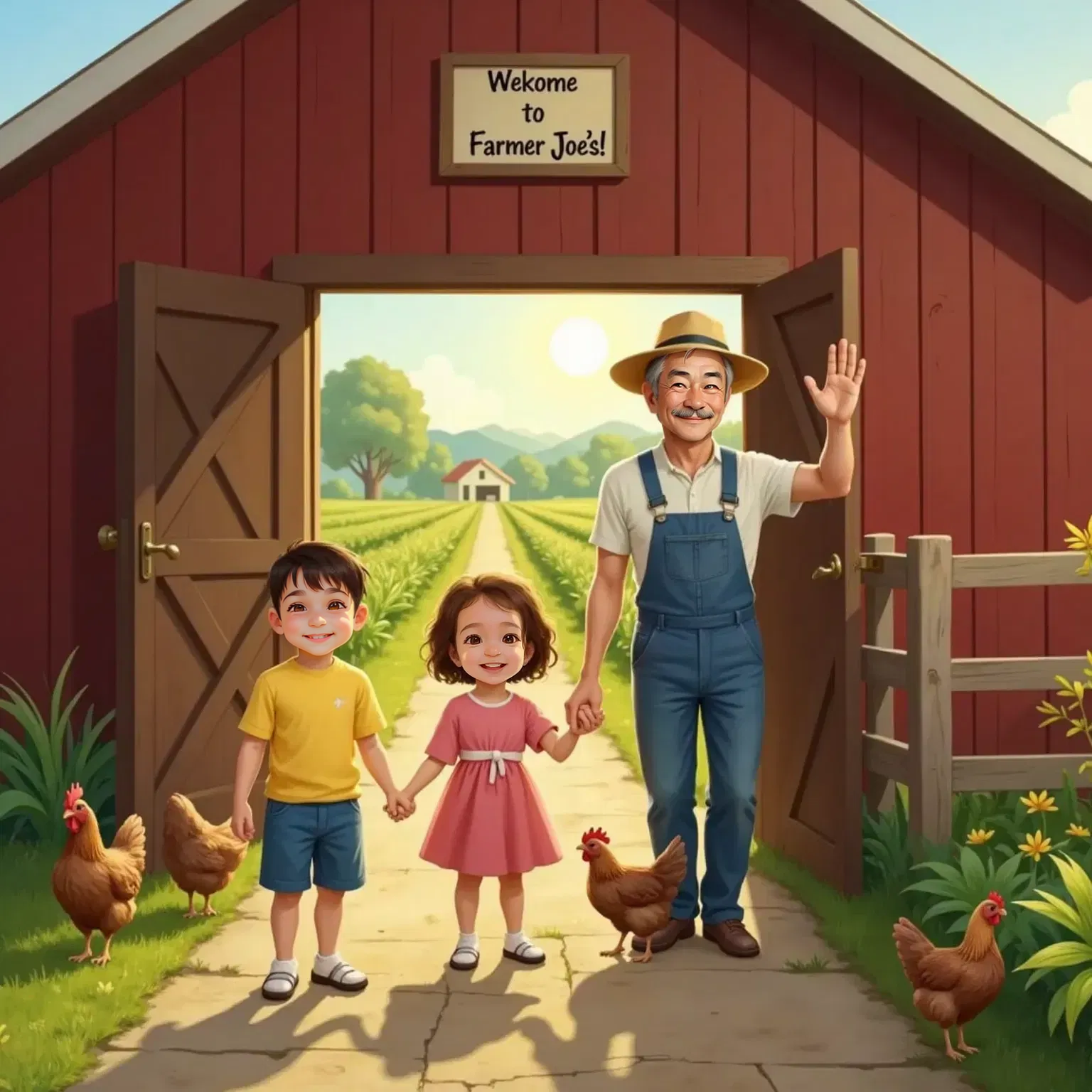 Mathew holding Julia's hand at the entrance of a sunny farm, with a big red barn and golden morning light. Farmer Joe, a 60-year-old man in blue overalls and a straw hat, waves by the gate.