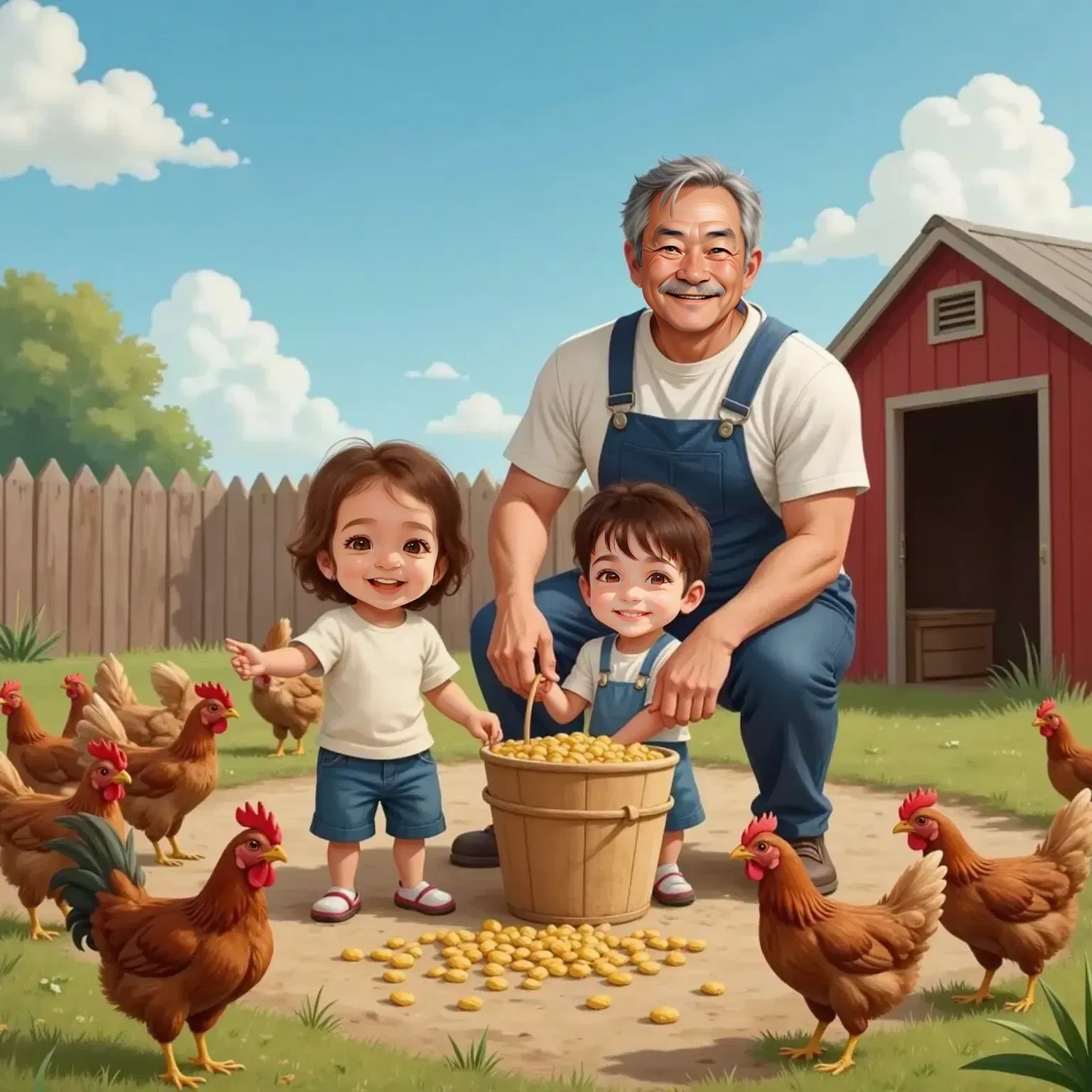 Mathew sprinkling corn from a small bucket to chickens in a farmyard, with Julia standing nearby, smiling and watching. Farmer Joe stands behind them, surrounded by clucking chickens.