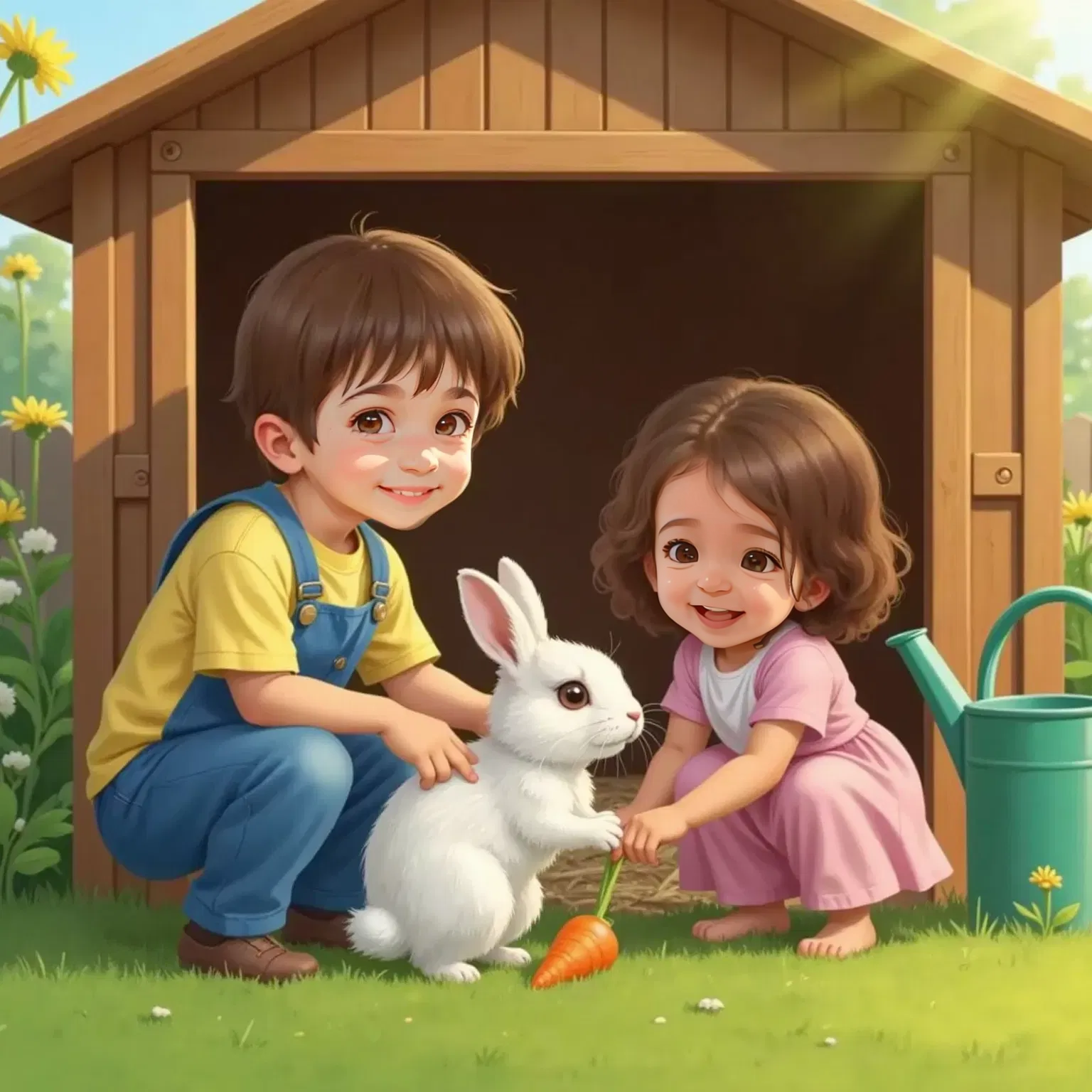 Mathew and Julia kneeling beside a fluffy white bunny on hay in a wooden hutch. Mathew gently pets the bunny while Julia giggles, reaching out. A bright carrot lies in front of the bunny.