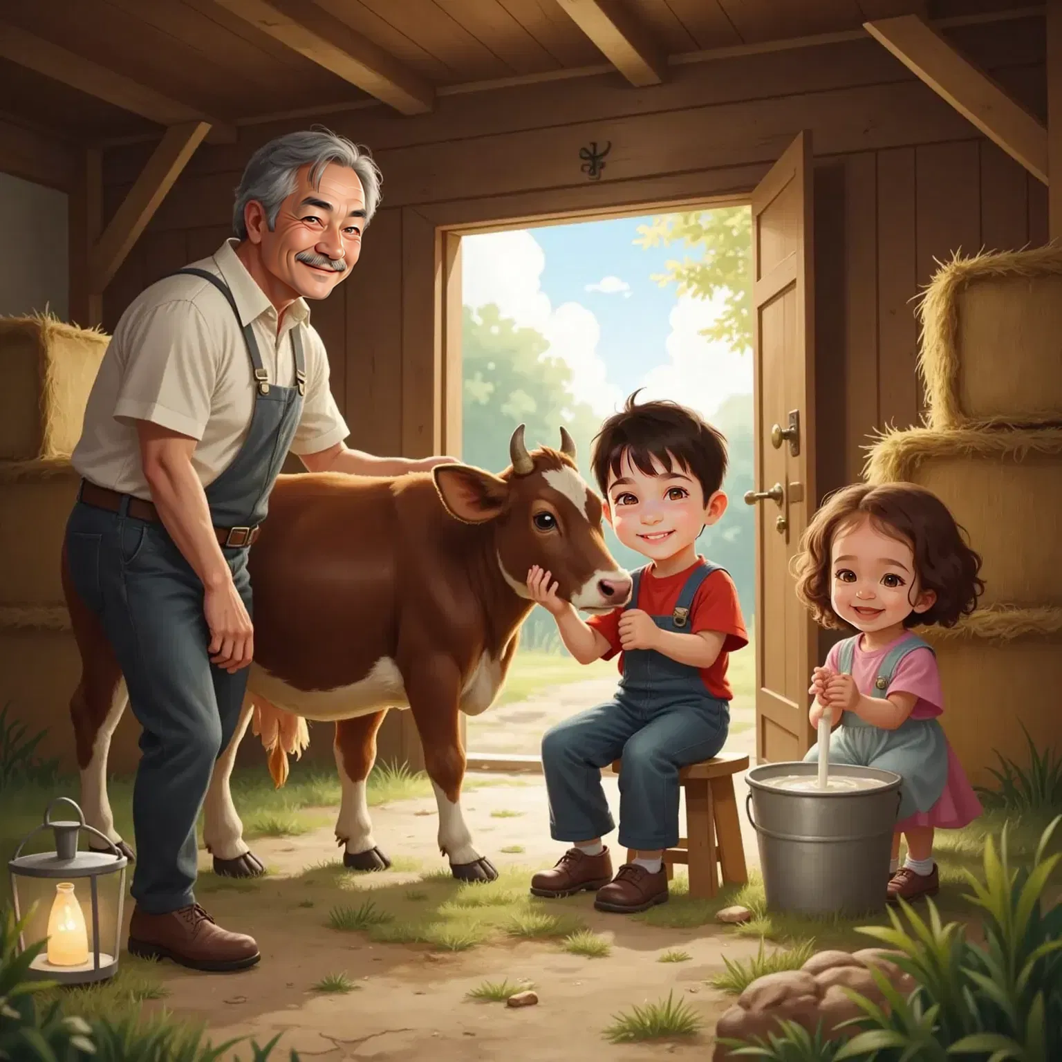 Mathew sitting on a small stool inside a barn, smiling with pride as he milks a big brown cow. Farmer Joe stands beside him, demonstrating. Julia claps her hands, watching happily.