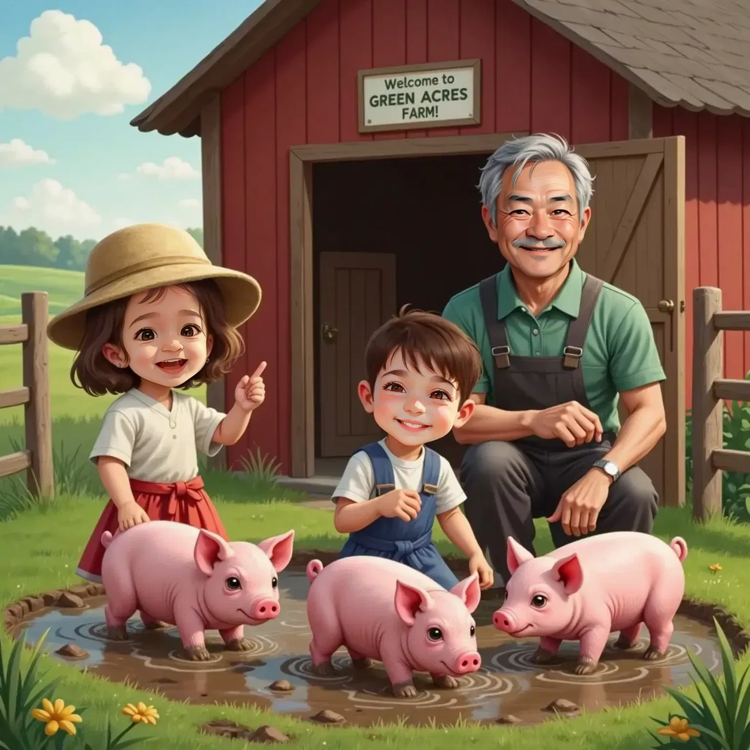 Julia pointing and laughing at pink piglets rolling in muddy puddles. One piglet is fully covered in mud with only its eyes showing. Mathew stands beside her, grinning. Farmer Joe smiles in the background.
