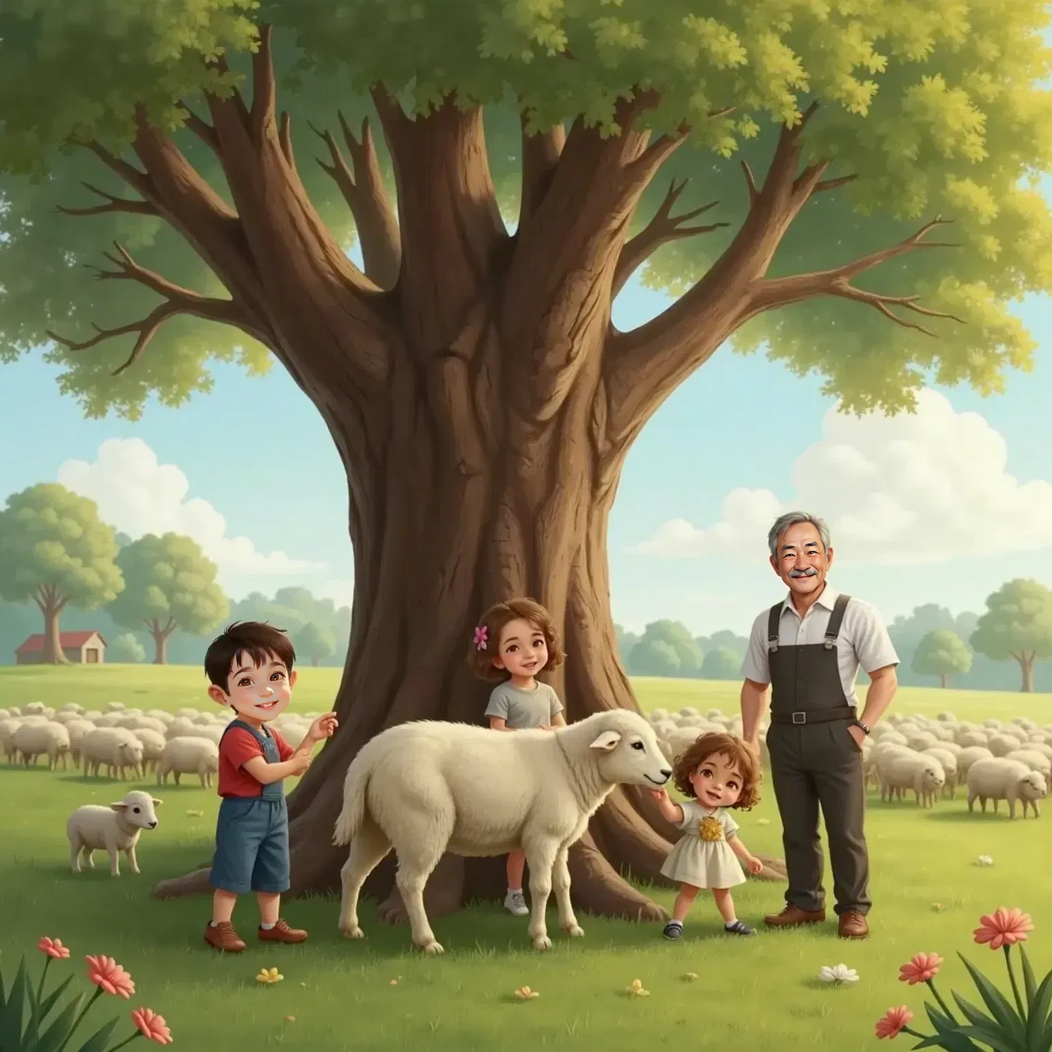Mathew and Julia standing under a large oak tree in a meadow, surrounded by fluffy sheep. Mathew touches a sheep's wool, smiling, while a little lamb nuzzles Julia's hand. Farmer Joe looks on proudly.