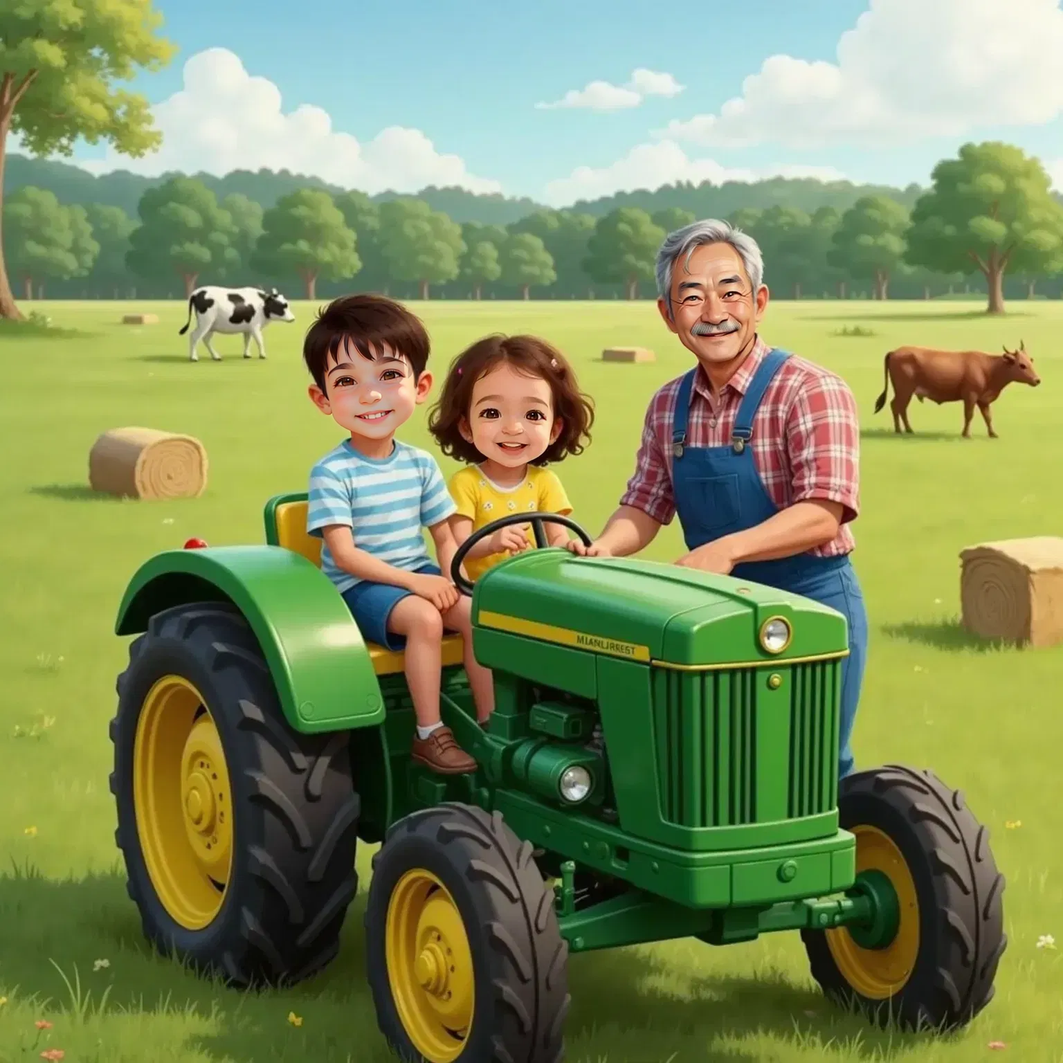 Mathew and Julia sitting together on a big green tractor, both smiling with excitement. Farmer Joe stands beside the tractor, ready to drive. The open field stretches behind them.