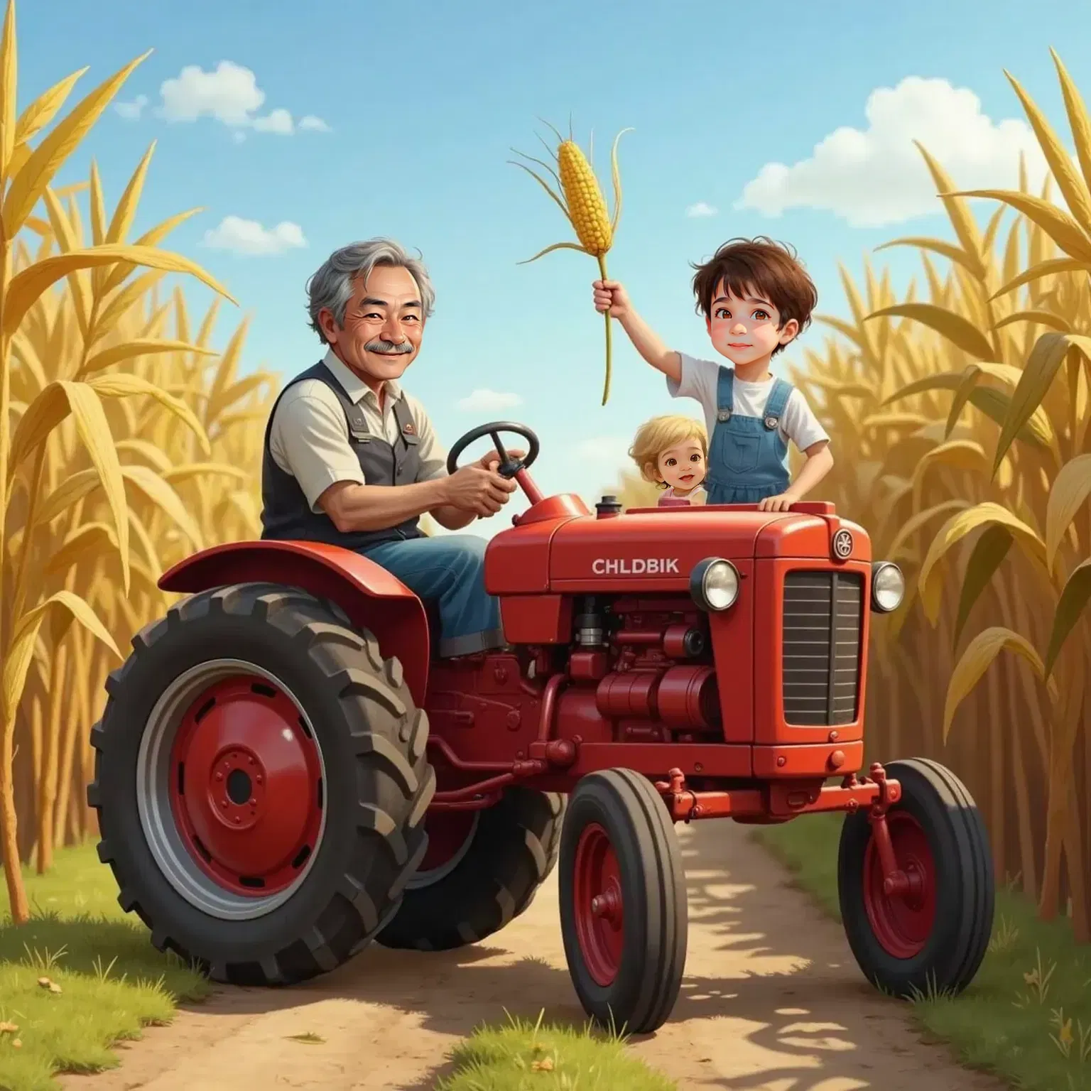 Mathew and Julia on the tractor, passing tall golden cornfields under a blue sky. Farmer Joe points to the corn while Mathew touches a silky corn tassel. Julia looks up in awe.