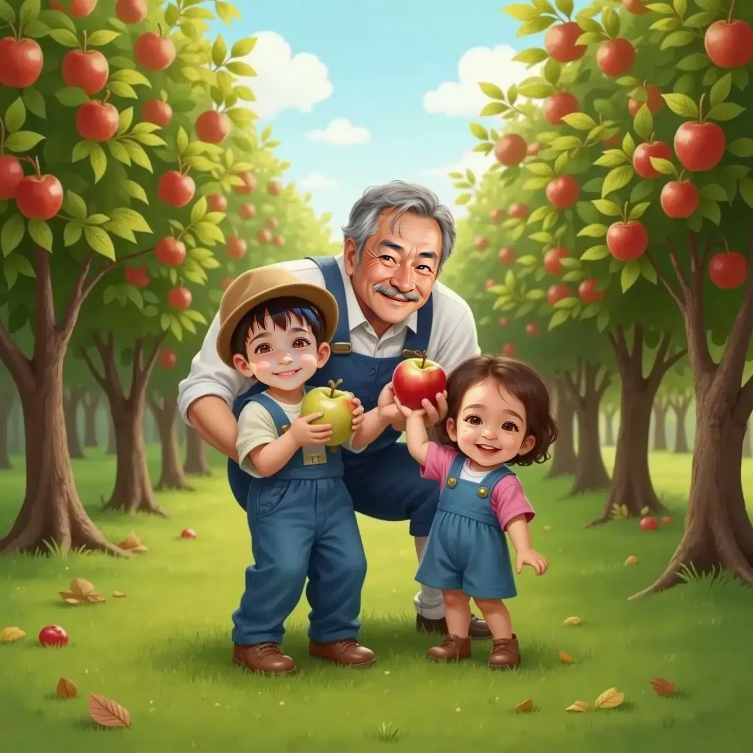 Mathew, smiling, is lifted by Farmer Joe to pick a shiny red apple from a tree in an orchard. Julia, held by Farmer Joe, reaches for a small apple, clutching it with pride.