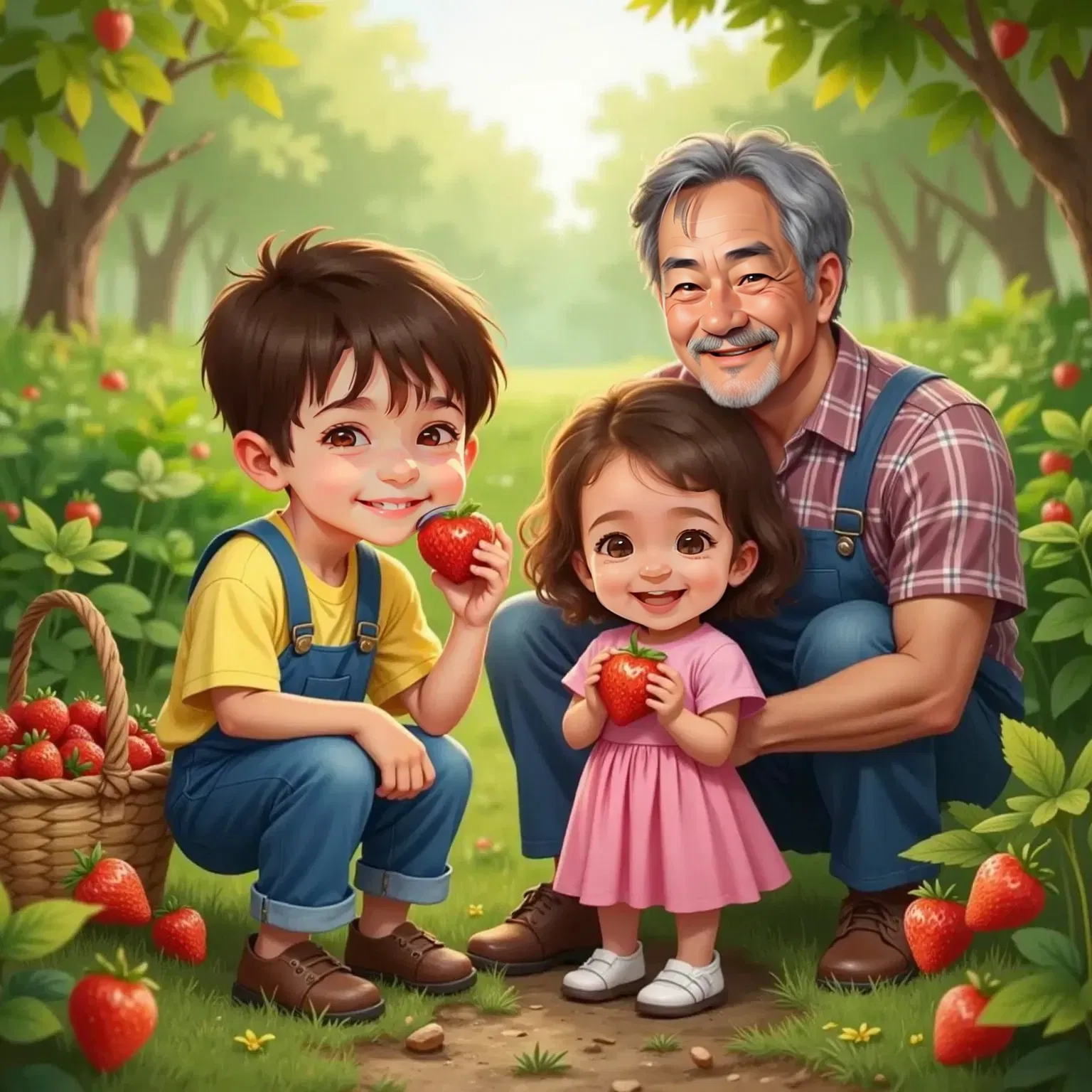 Mathew and Julia kneeling in a strawberry patch, surrounded by green leaves and red strawberries. Mathew bites into a large strawberry, juice on his chin. Julia holds a tiny strawberry, eyes wide with delight. Farmer Joe kneels nearby, smiling.