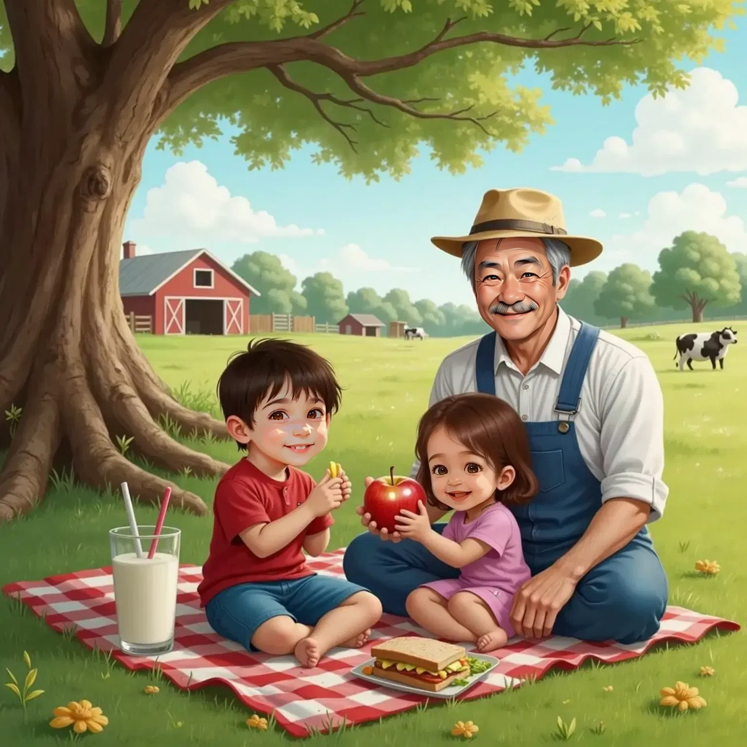 Mathew and Julia sitting on a red-and-white checkered blanket under a shady tree, eating sandwiches. Mathew shares apple slices with Julia. A glass of fresh milk sits nearby. Farmer Joe sits with them, smiling.