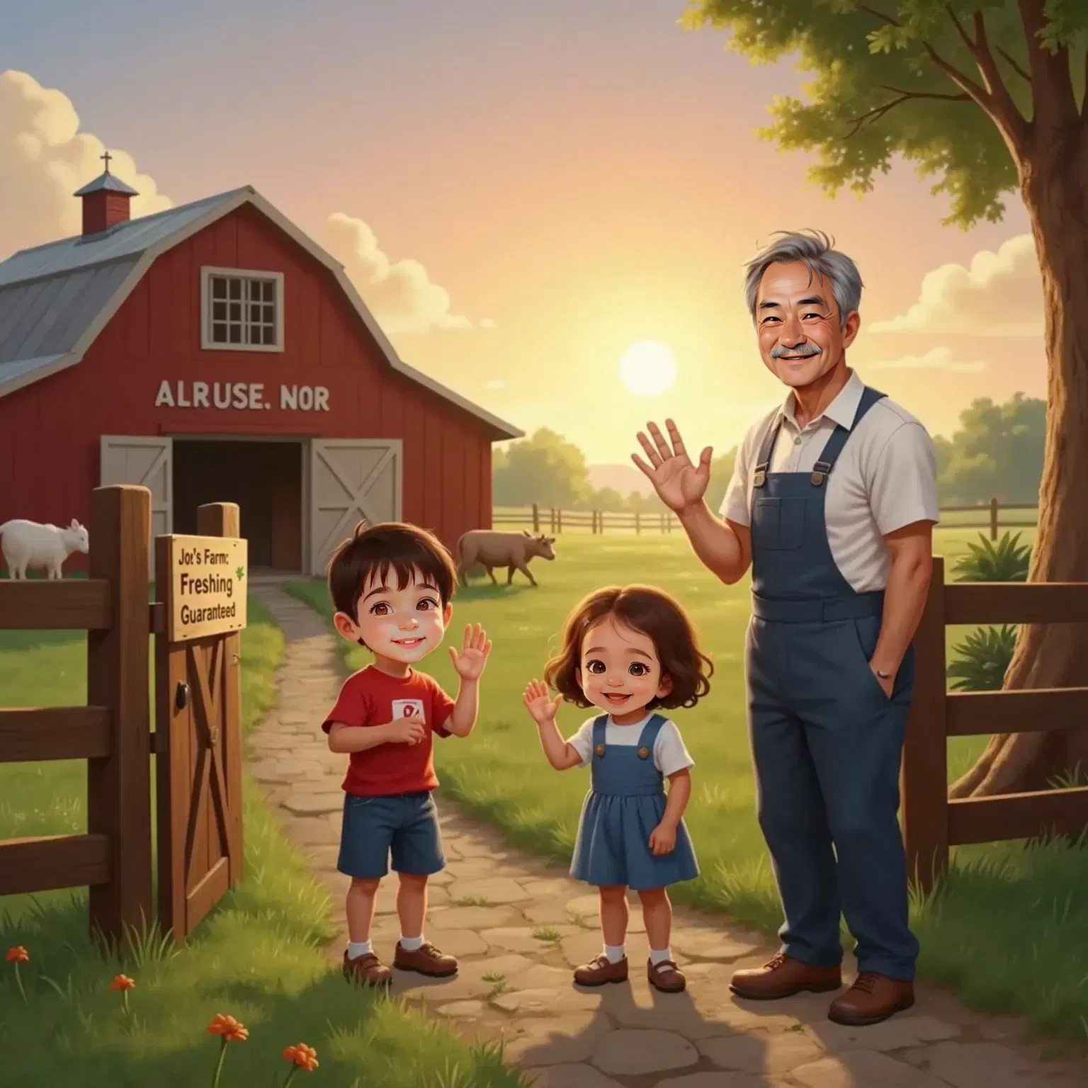 Mathew waving enthusiastically and Julia blowing kisses as they stand at the farm gate at sunset. The sky glows orange and pink. Farmer Joe waves goodbye from the path. The barn and animals are visible in the background.