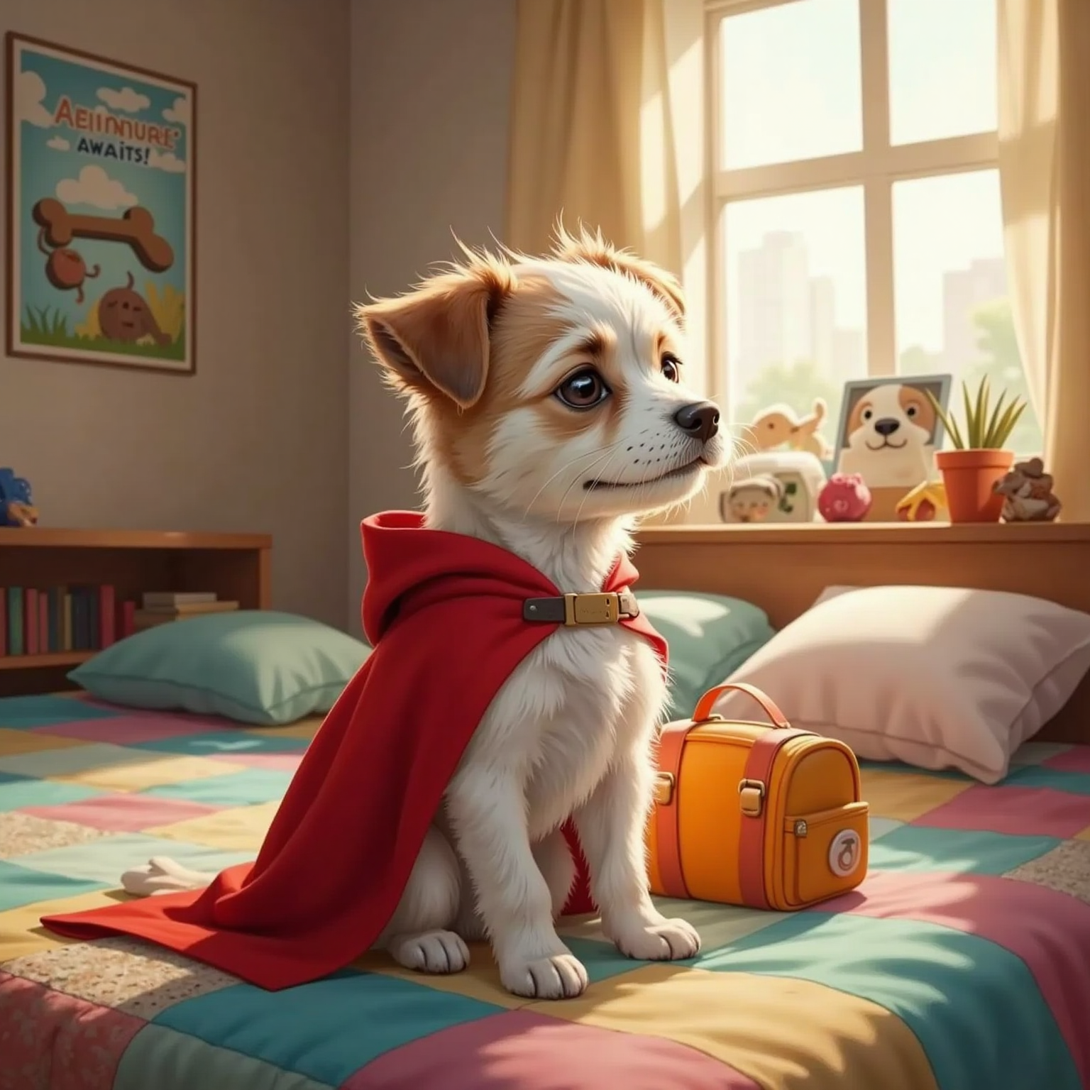 Milo, a small dog with white and brown fur and spiky hair, wearing a red superhero cape, sitting on a bed with a small packed bag beside him. The room is bright and cozy, sunlight coming through the window.