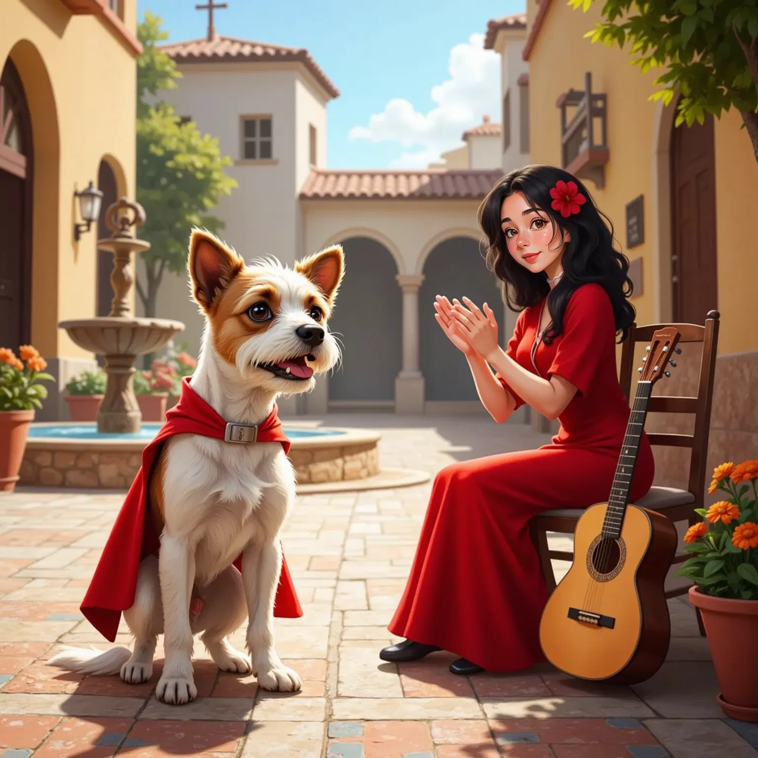 Milo, in his red superhero cape, standing on a sunlit Spanish plaza with colorful tiles. Smiling Rosa, a 25-year-old woman with curly black hair and a red flamenco dress, claps her hands. A guitar rests on a chair nearby.