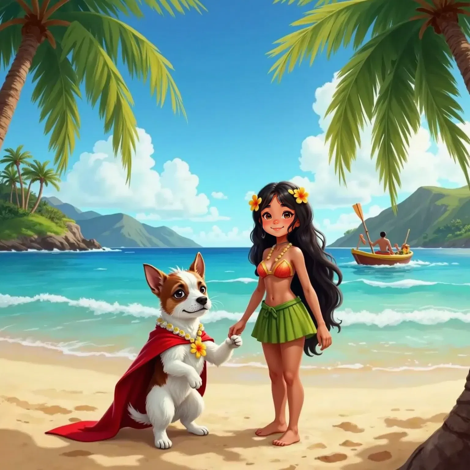 Milo, wearing his red superhero cape and a small flower lei, stands on a beautiful Hawaiian beach with palm trees and blue ocean. Lani, a 20-year-old woman with a flower lei and long black hair, smiles gently.