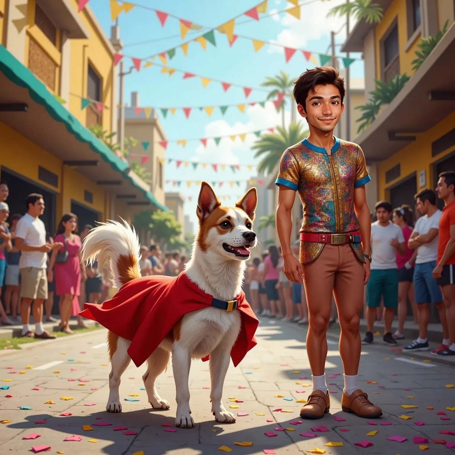 Milo, red cape fluttering, stands on a colorful street decorated for Carnival in Brazil. Pedro, a 30-year-old man with curly hair, a bright shirt, and samba shoes, grins widely nearby.