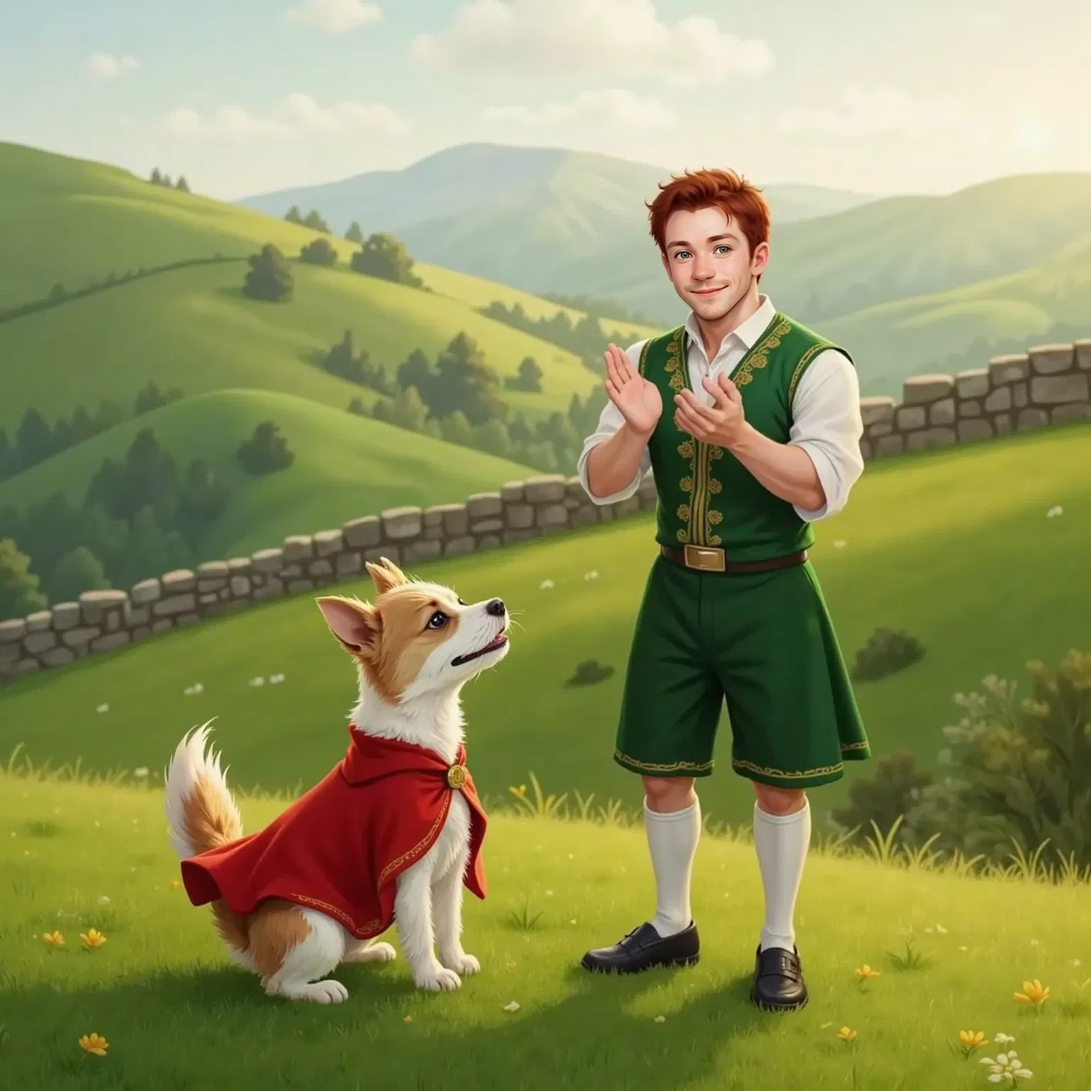 Milo, in his red cape, stands on a green Irish hill dotted with clover. Finn, a 35-year-old man with red hair and a green vest, claps his hands and smiles proudly.