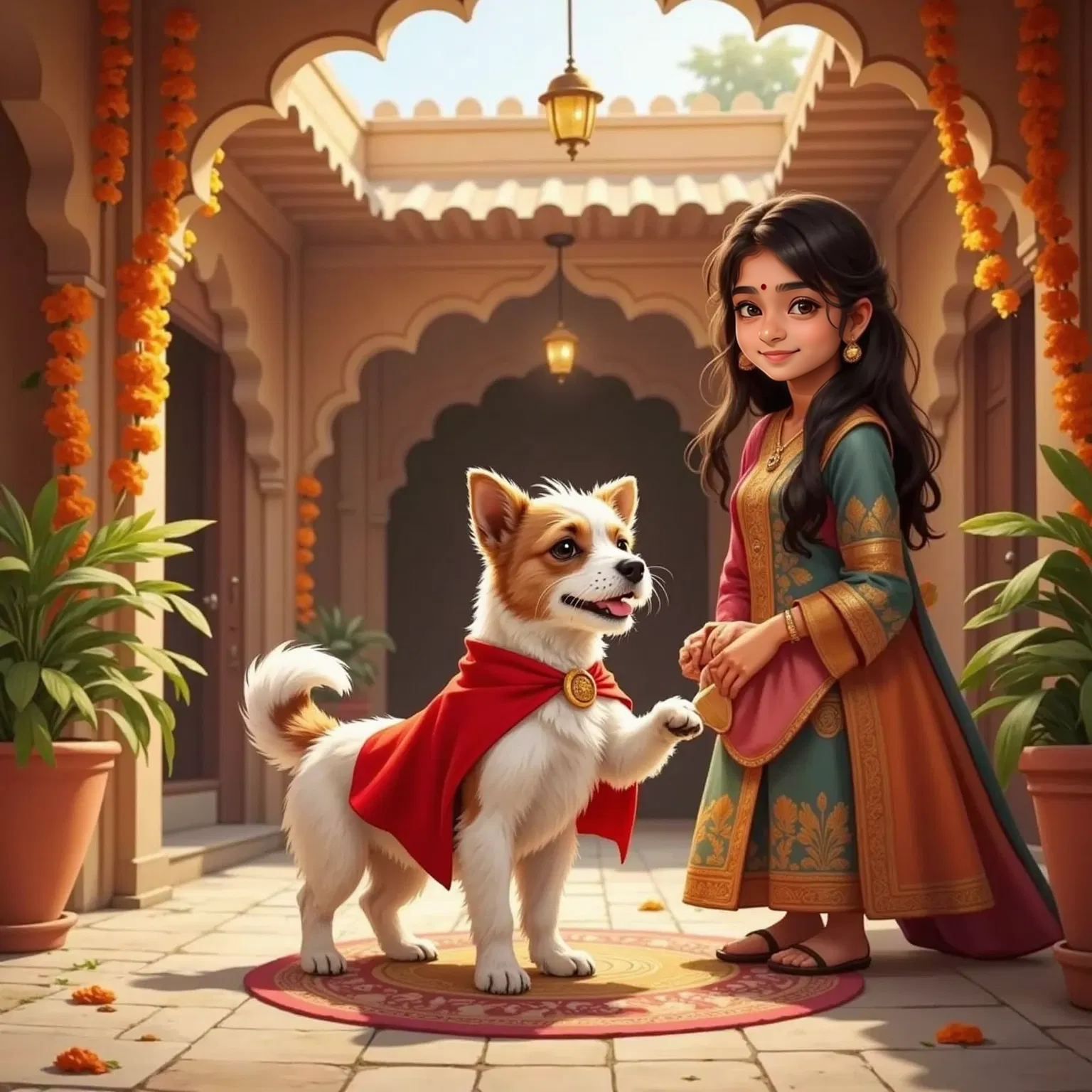 Milo, wearing his red superhero cape and a small bangle on his paw, stands in a vibrant Indian courtyard decorated with marigold garlands. Priya, a 22-year-old woman in a colorful sari, smiles warmly.