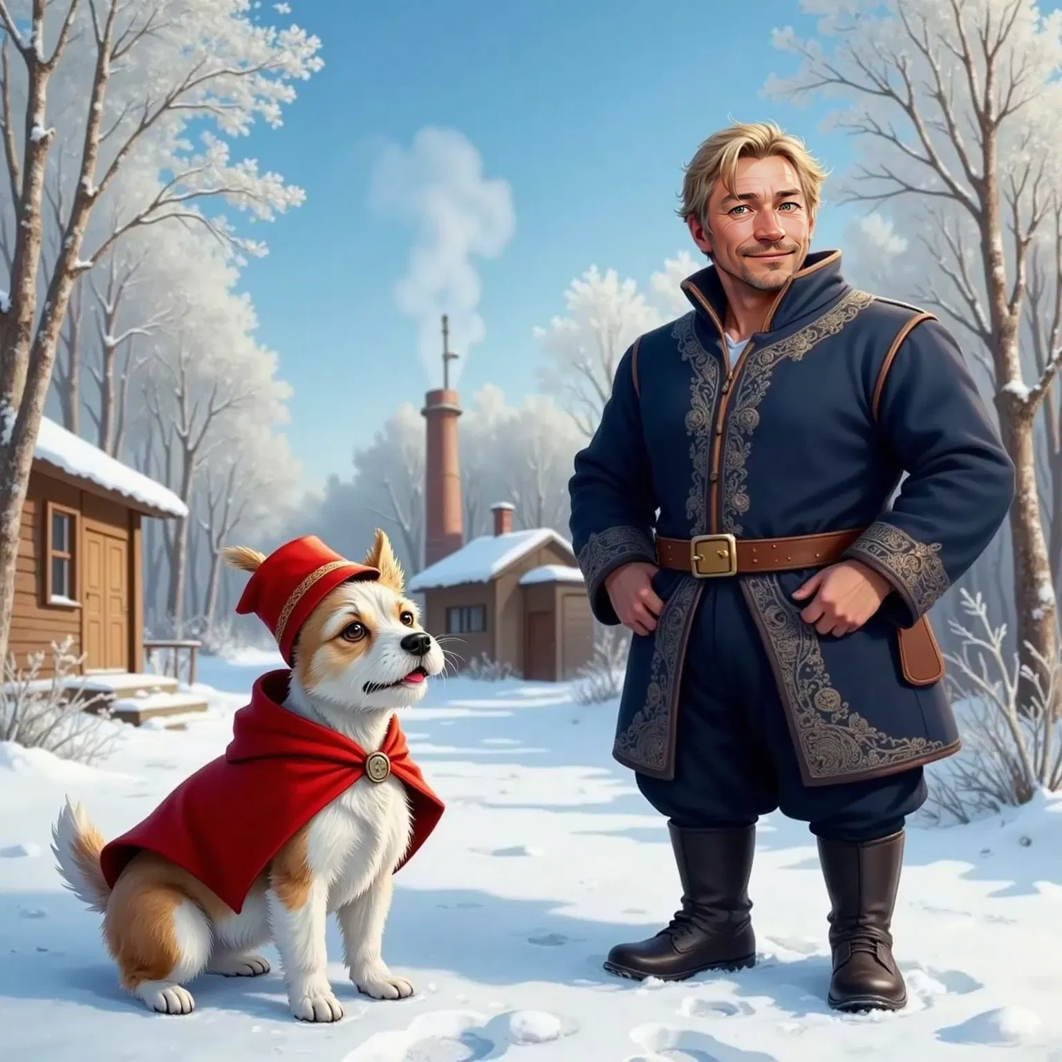 Milo, in his red cape and a tiny fur hat, stands on snowy Russian ground. Dmitri, a 40-year-old man with a thick moustache and traditional Cossack attire, smiles approvingly.