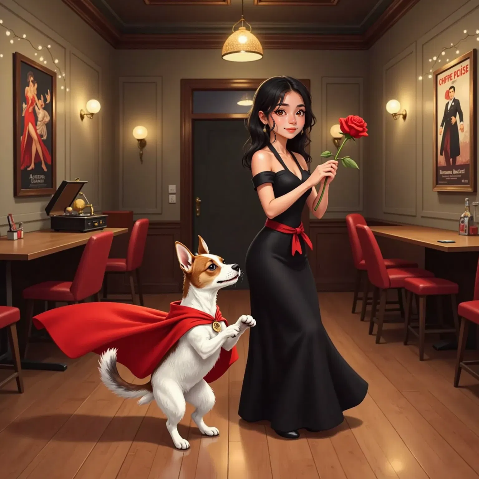 Milo, red superhero cape and a red rose in his mouth, stands on a polished wooden tango floor. Carmen, a 28-year-old woman with dark hair in a bun and a dramatic black tango dress, smiles with pride.