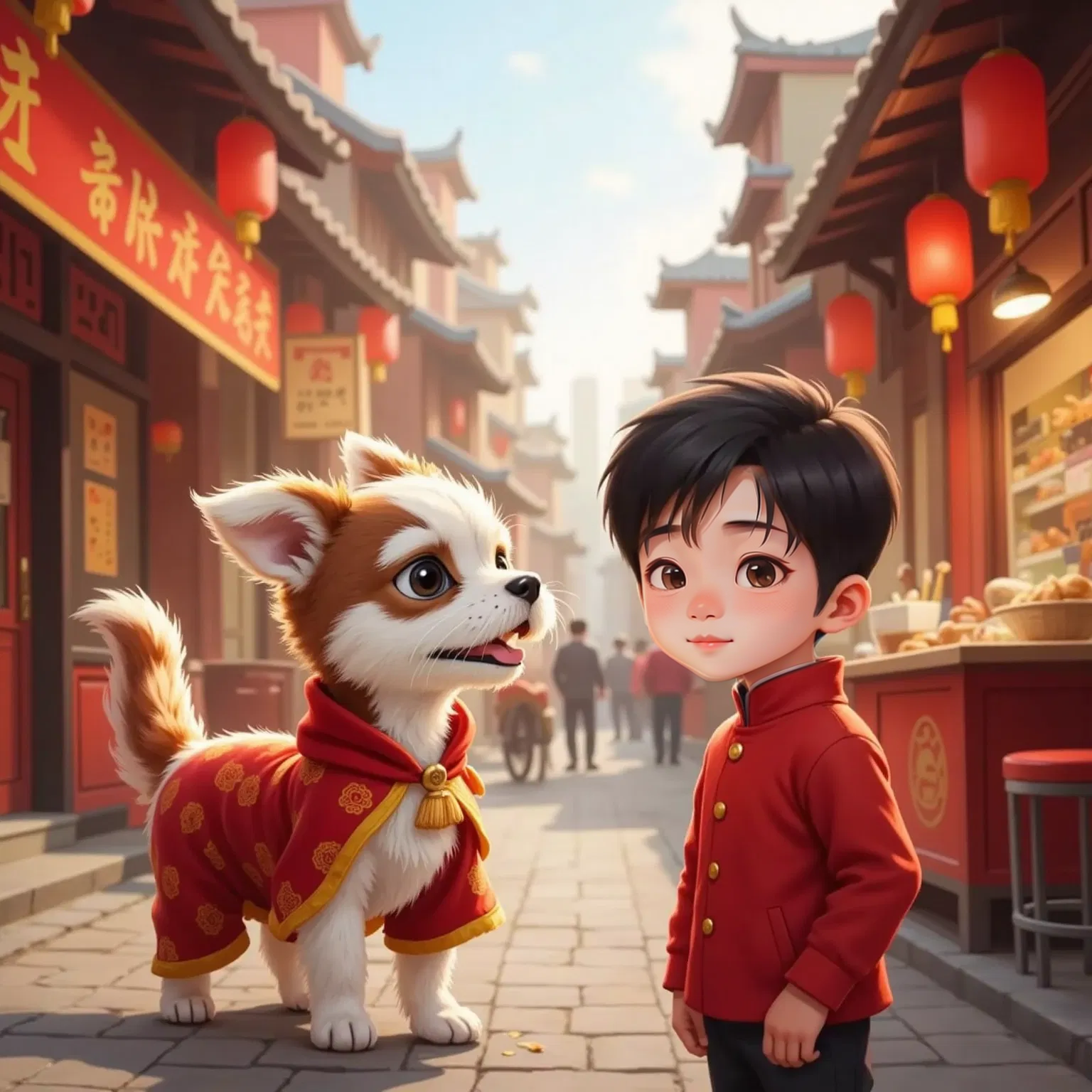 Milo, wearing his red cape and a small lion dance costume, stands in a festive Chinese street with lanterns. Wei, a 12-year-old boy in a red festival shirt, looks on with a happy expression.