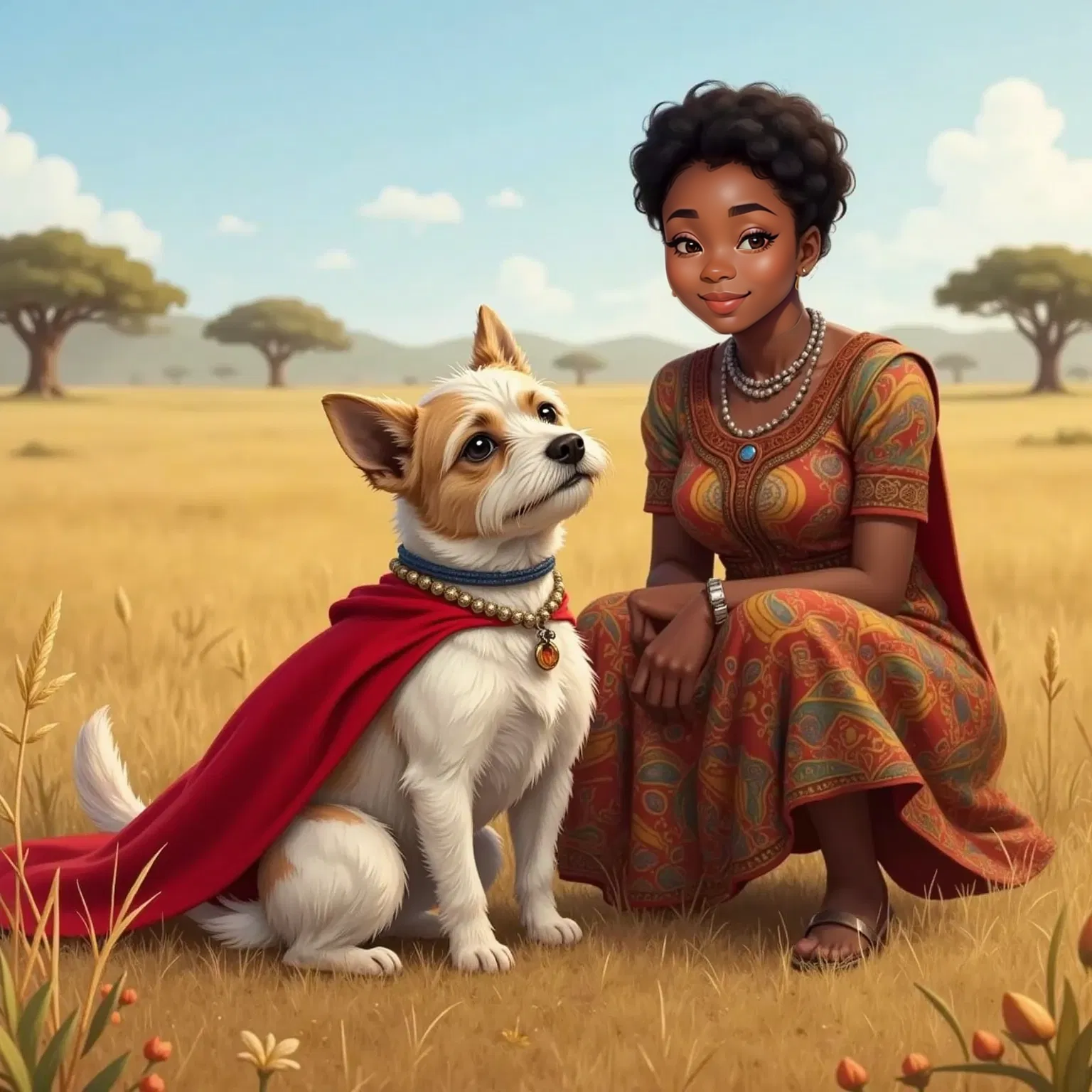Milo, in his red superhero cape and a tiny beaded collar, stands on sunlit African grassland. Amara, a 26-year-old woman with short hair and colorful beaded necklaces, smiles kindly.