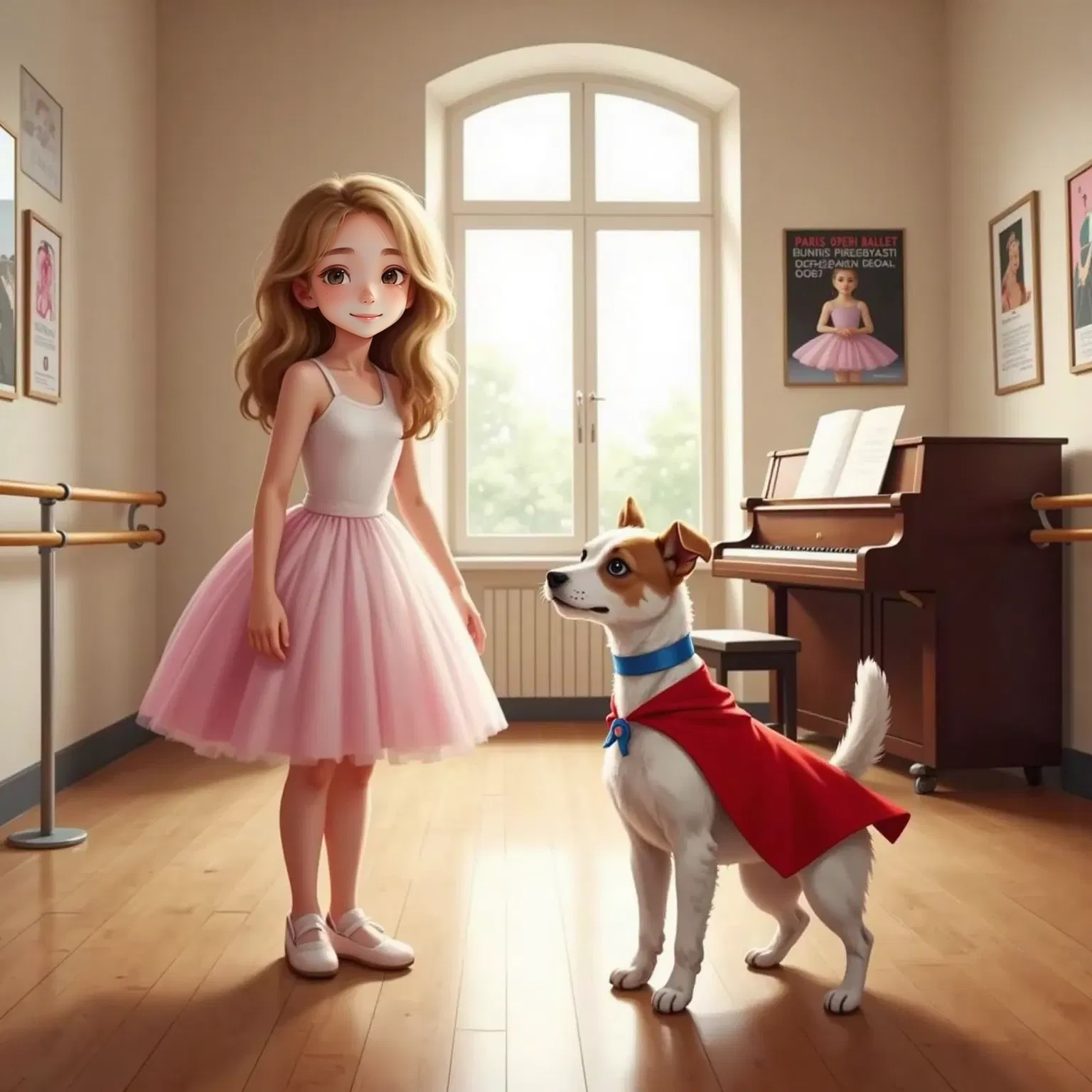 Milo, red superhero cape and a small ribbon on his collar, stands in a bright Paris ballet studio. Sophie, an 18-year-old girl in a pink ballet tutu, looks on with a gentle smile.