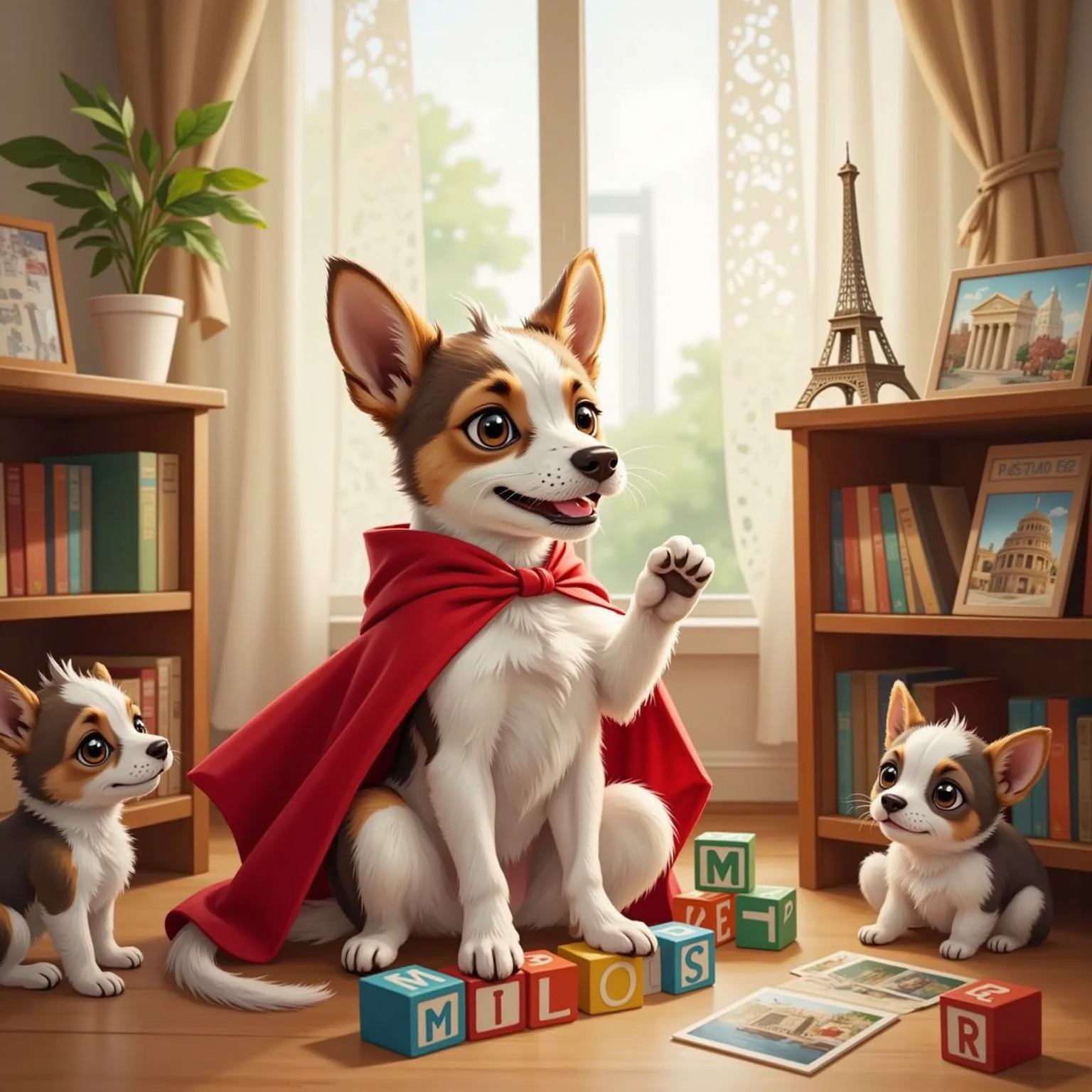 Milo, wearing his red superhero cape, sits in his cozy living room surrounded by colorful letters and souvenirs from his travels. Two neighbor dogs watch as Milo smiles and shows off his special items.