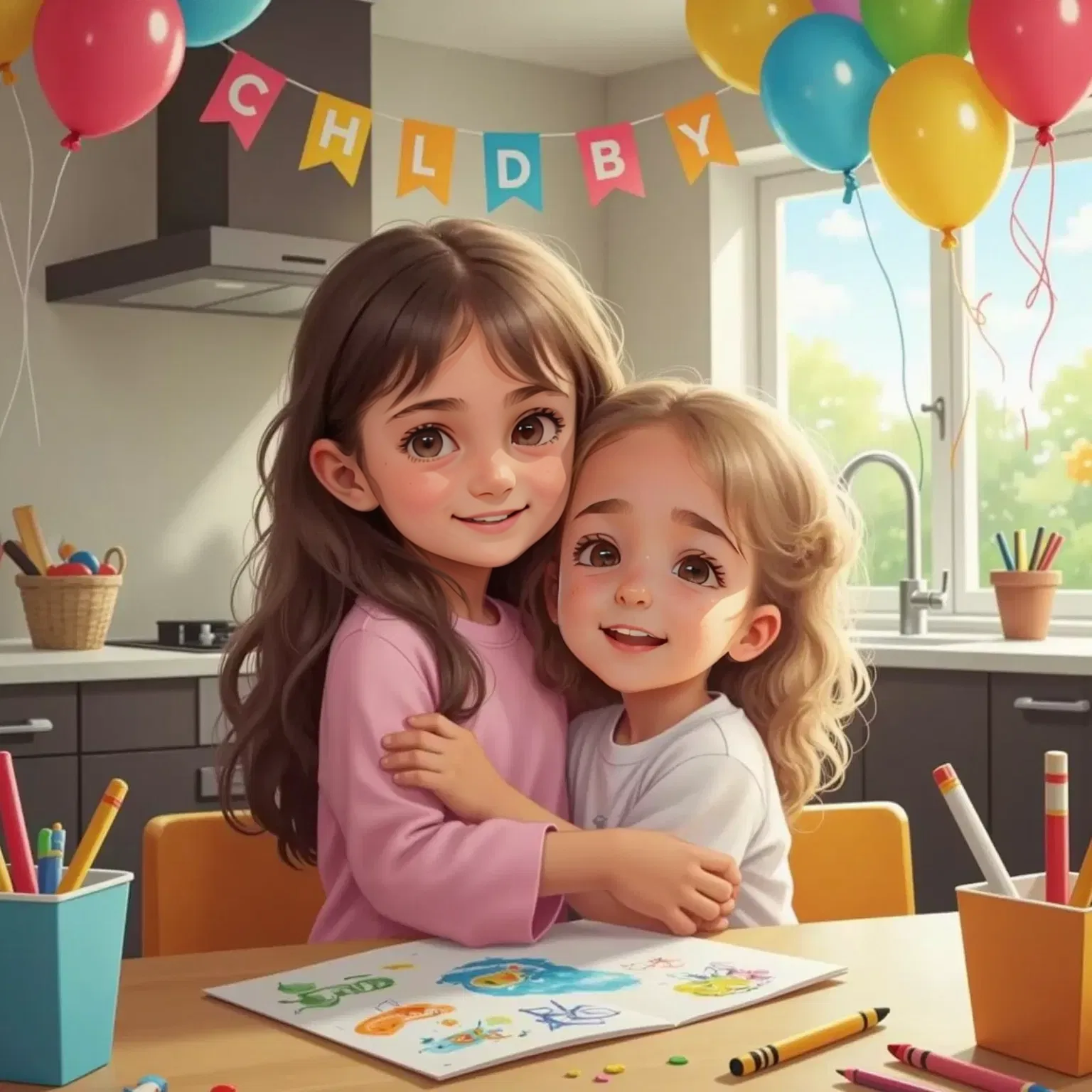 Libby smiling with long brown hair, hugging Kiki, a little girl with short dark hair, in a bright kitchen decorated for a birthday. A homemade birthday card with colorful drawings is on the table.
