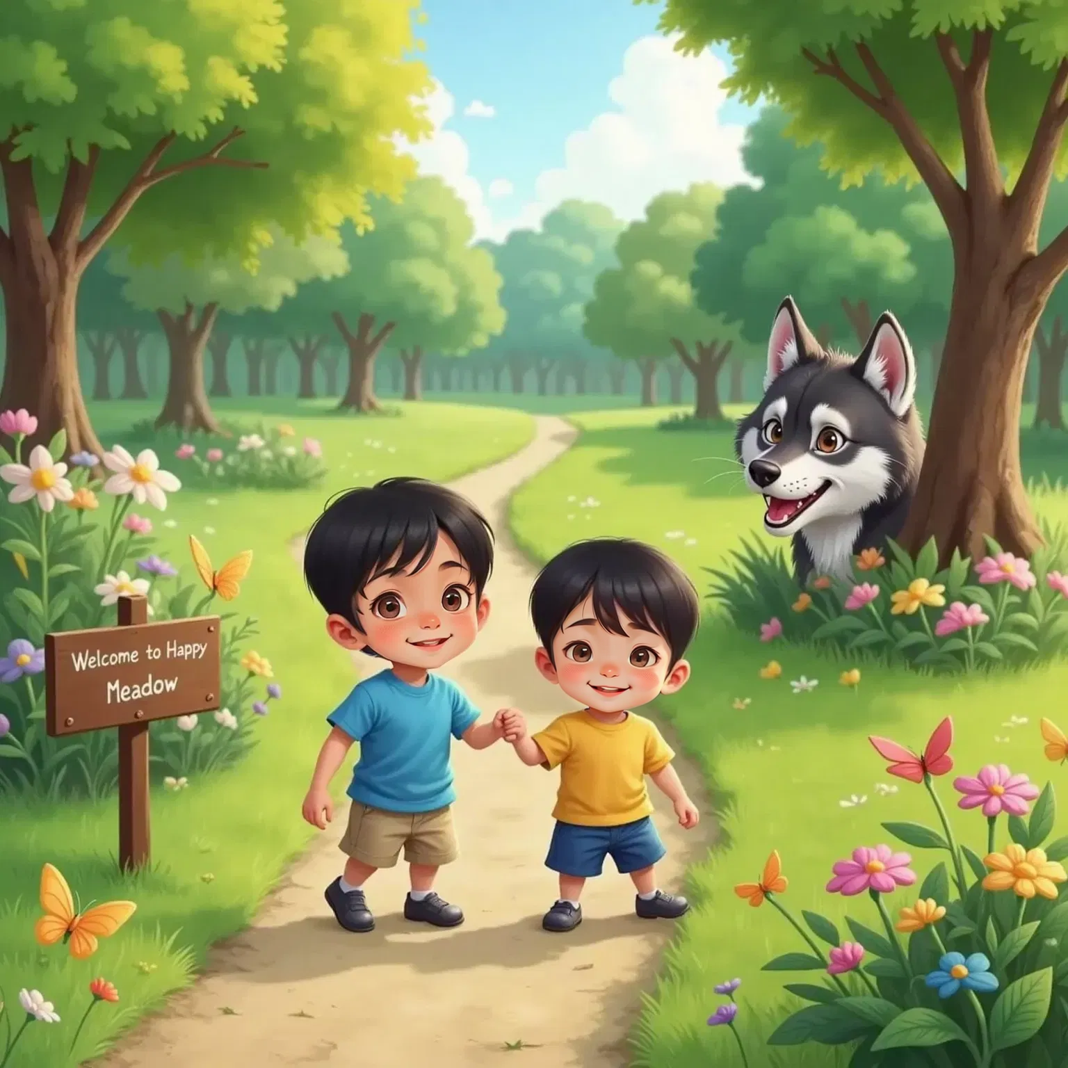 Jayden holding Dylan's hand, both smiling in a green park with colorful flowers and butterflies. Wolf, a big grey dog with a bad guy aura and sharp teeth, stands behind a bush, grinning mischievously.