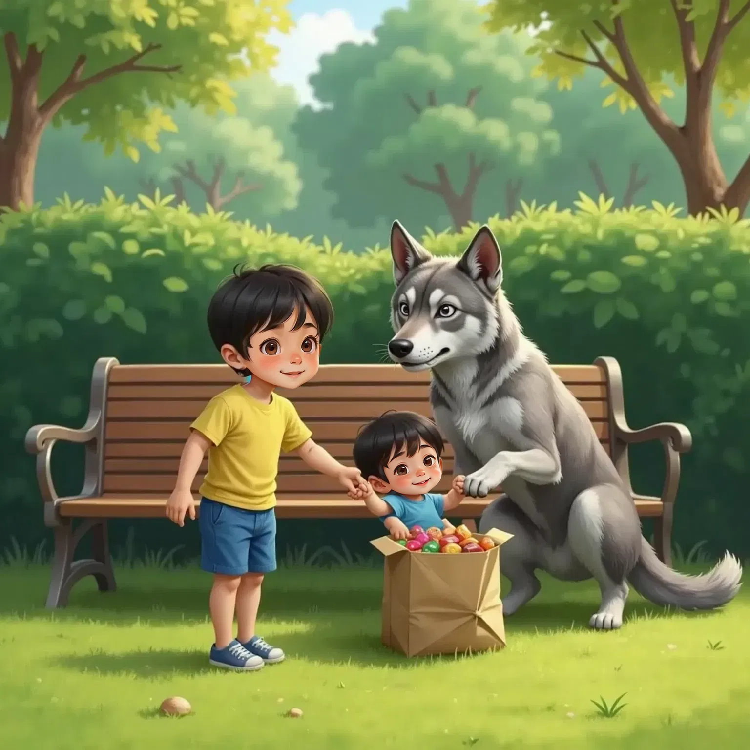 Jayden looking suspicious with a furrowed brow, holding Dylan's hand tightly. Wolf, the big grey dog with a bad guy aura, offers brightly wrapped candy from a paper bag, smiling slyly. Park bench and bushes in the background.