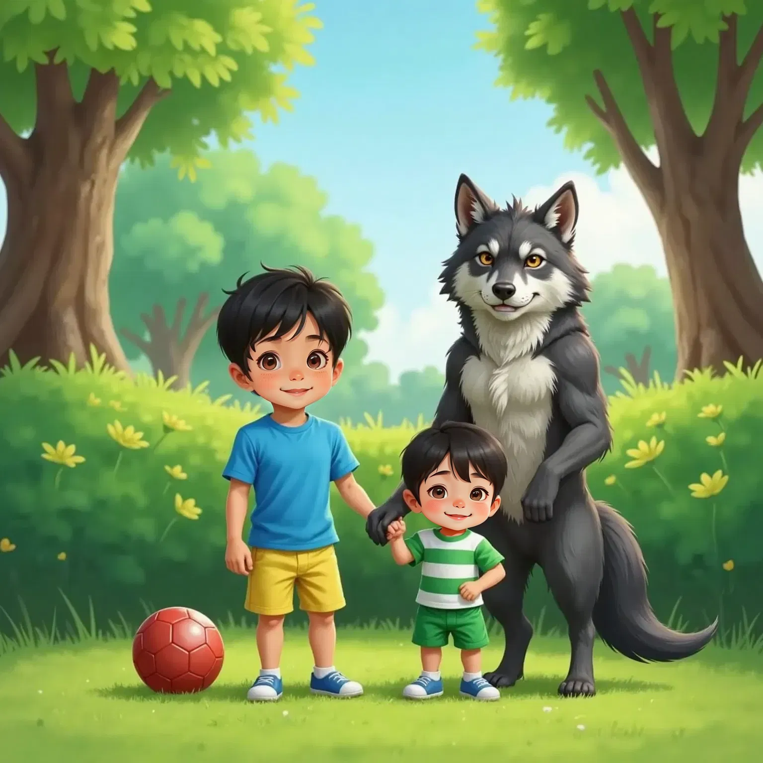 Jayden with a serious face, holding Dylan's hand protectively. Wolf, the big grey dog with a bad guy aura, stands nearby holding a soccer ball, smiling sweetly. Dylan nods confidently. Green park and bushes in the background.