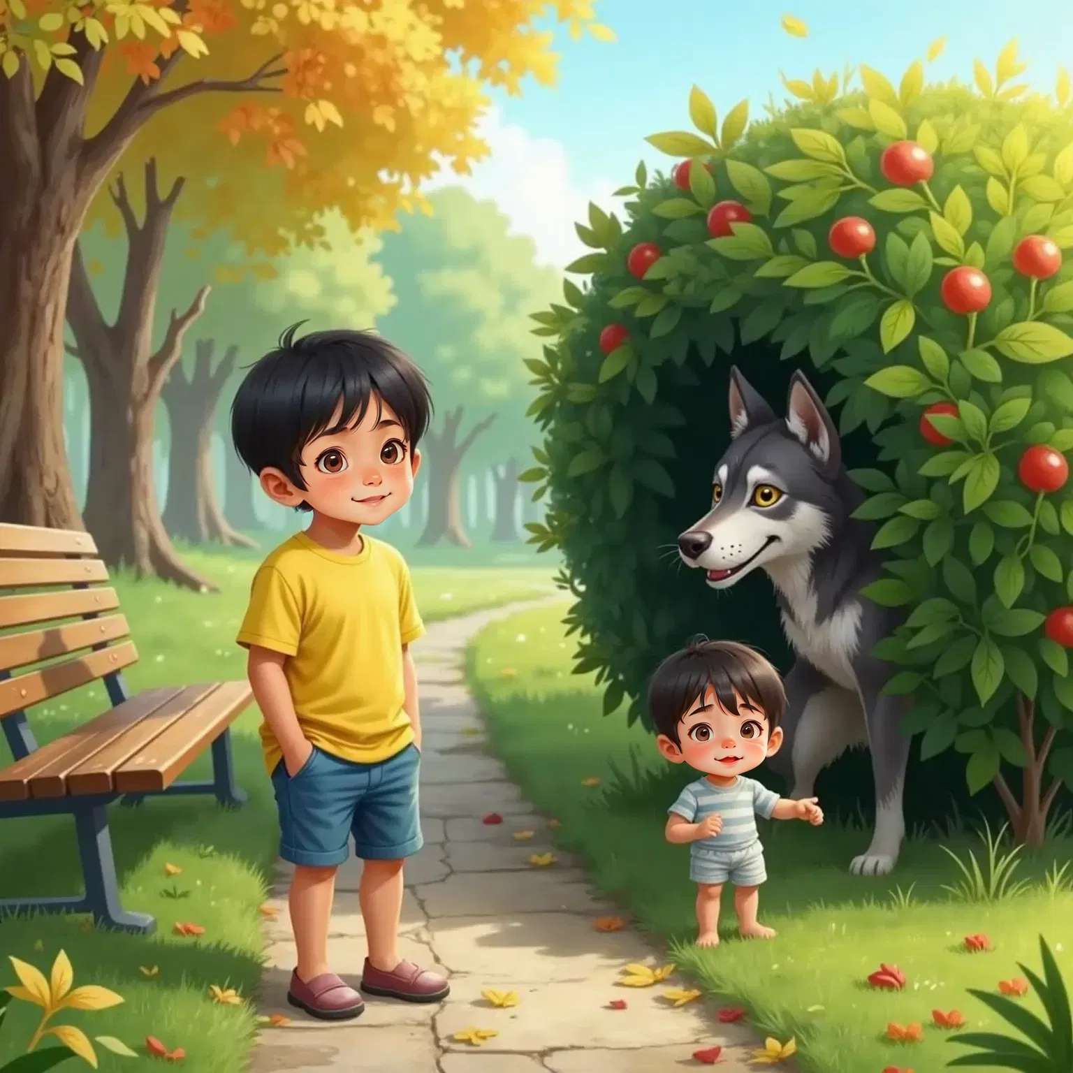 Wolf, the big grey dog with a bad guy aura, points behind a bush with a sly smile. Jayden looks serious, warning Dylan, who looks surprised and shakes his head. Park bench and thick bushes in the background.