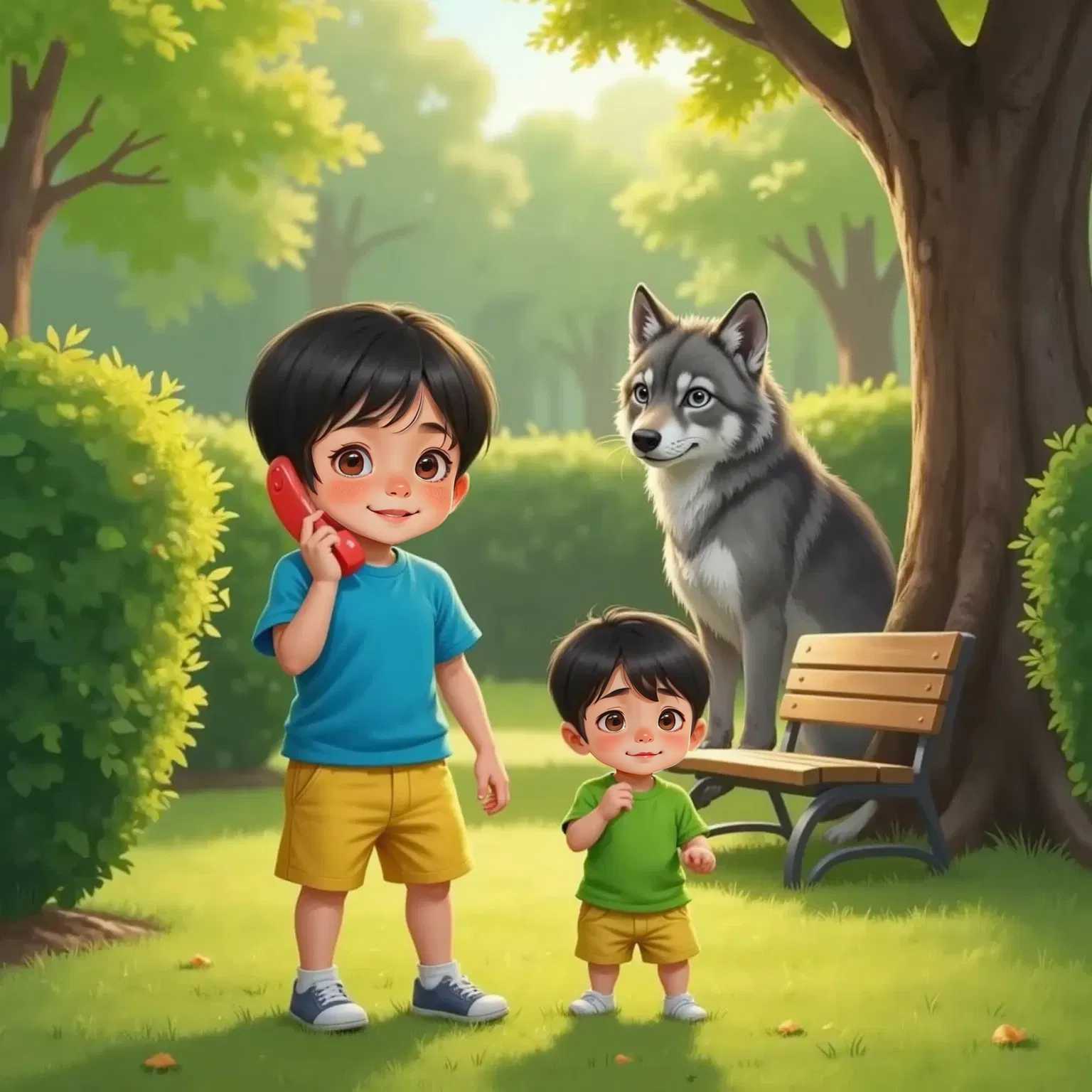 Jayden holding a toy phone, speaking with a determined expression. Dylan mimics calling for mom, looking worried. Wolf, the big grey dog with a bad guy aura, looks confused and slowly backs away. Park setting with bushes.