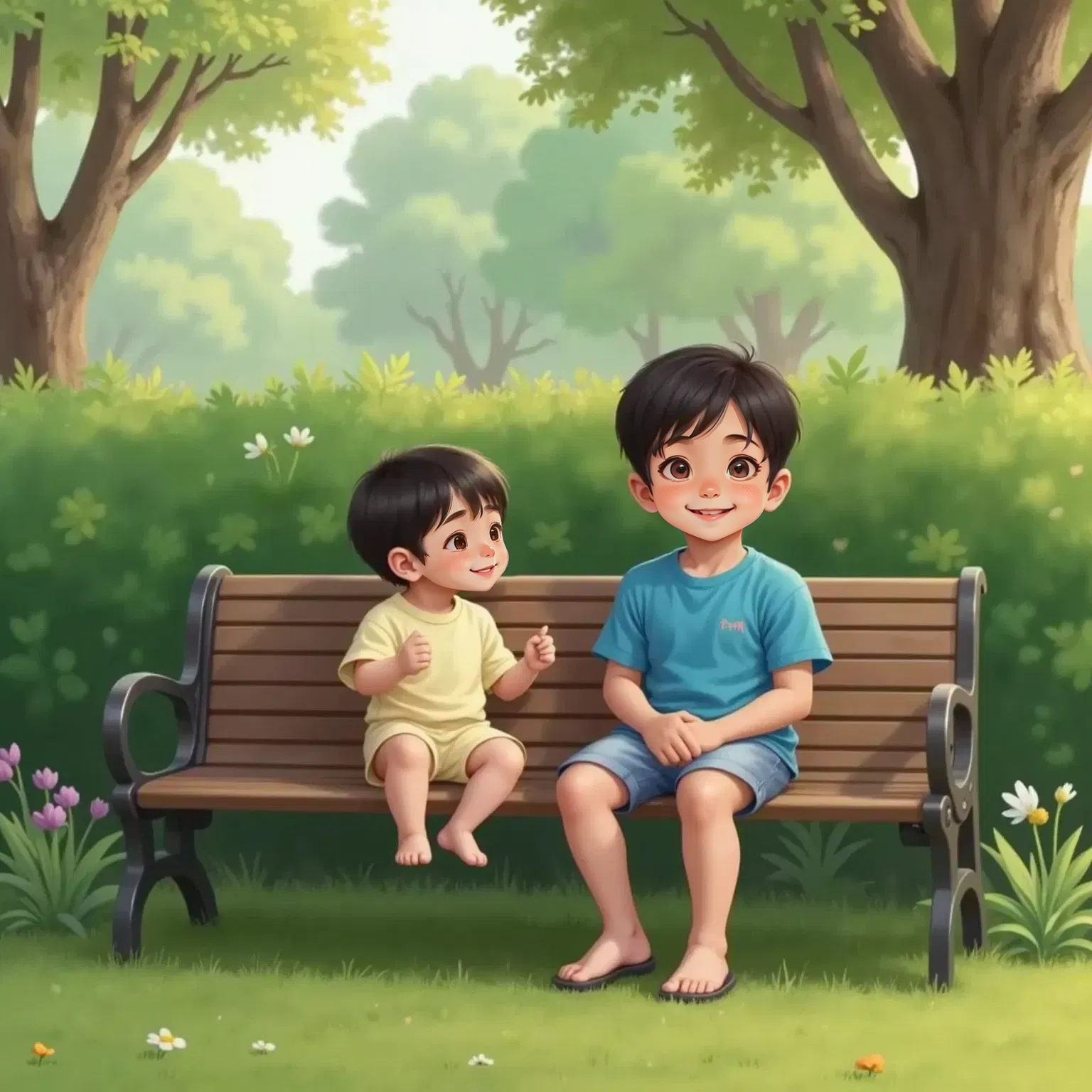 Jayden and Dylan sitting together on a park bench, Jayden smiling proudly. Dylan nods with understanding. The park is quiet, bushes in the background, Wolf is not visible.