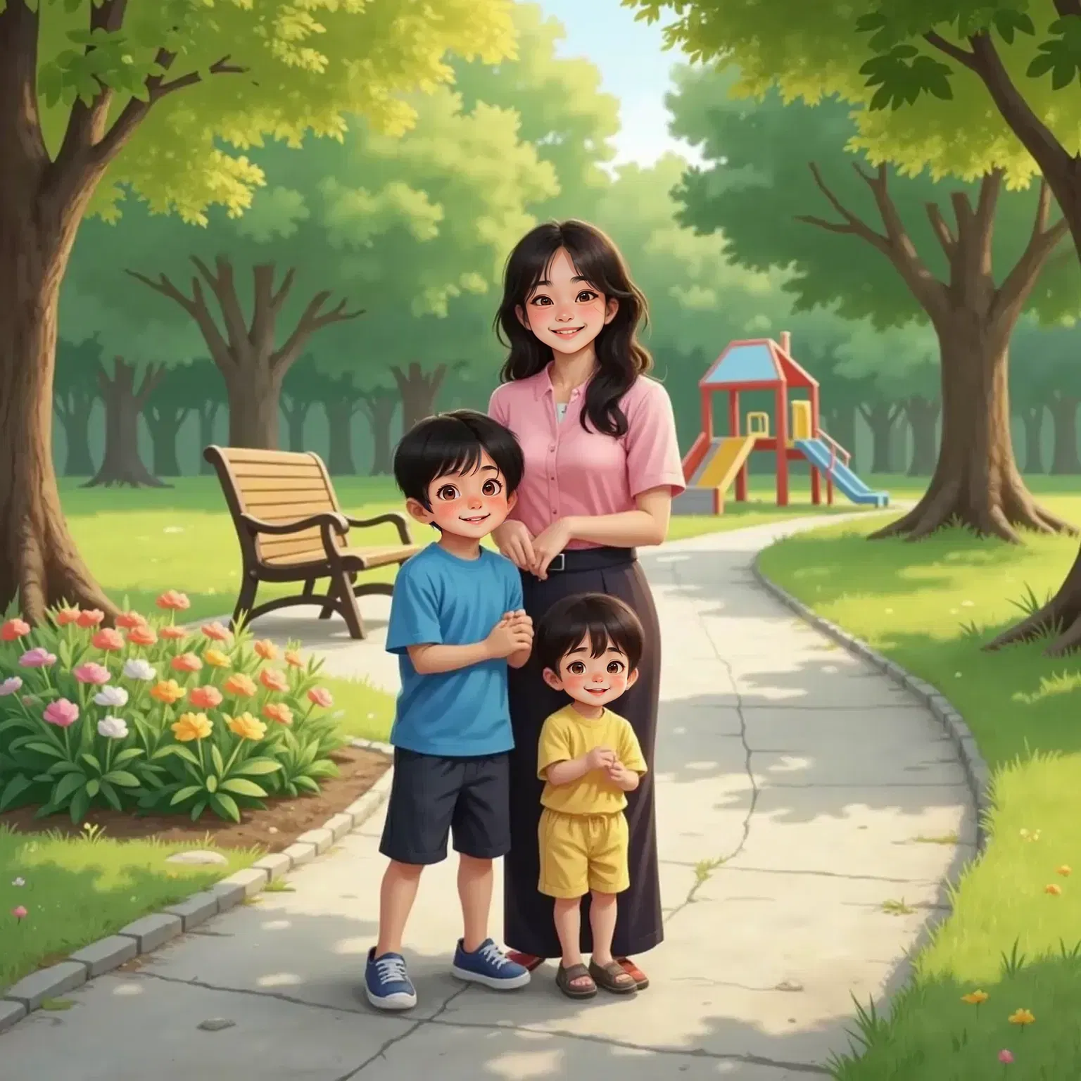A smiling woman with shoulder-length black hair, wearing a pink blouse, hugs Jayden and Dylan. Jayden looks relieved, Dylan hugs his mother tightly. Park path and trees in the background.